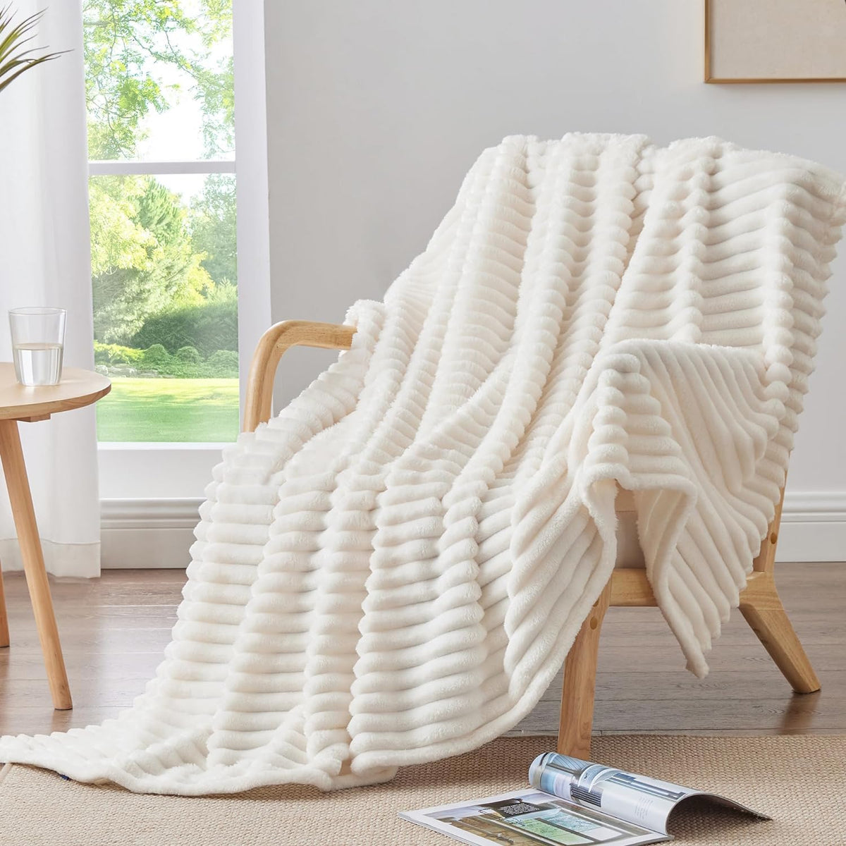 BEDELITE Ribbed Fleece Throw Blanket for Couch, Cream, 50"x60"