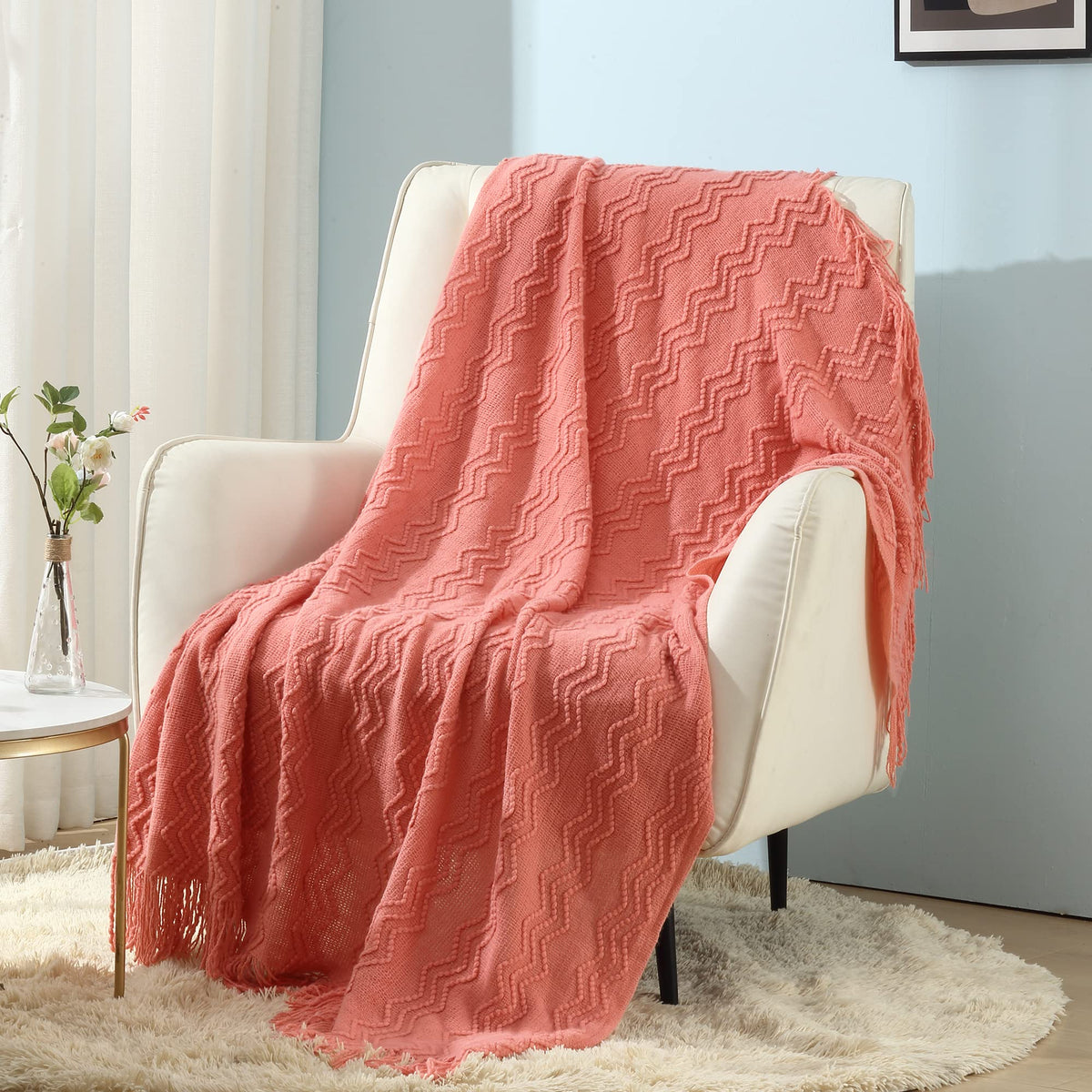 CREVENT Farmhouse Boho Knitted Throw Blanket for Couch Sofa Chair Bed Home Decoration, Soft Warm Cozy Light Weight for Spring Summer Fall (50''X60'' Off White/Ivory/Cream)