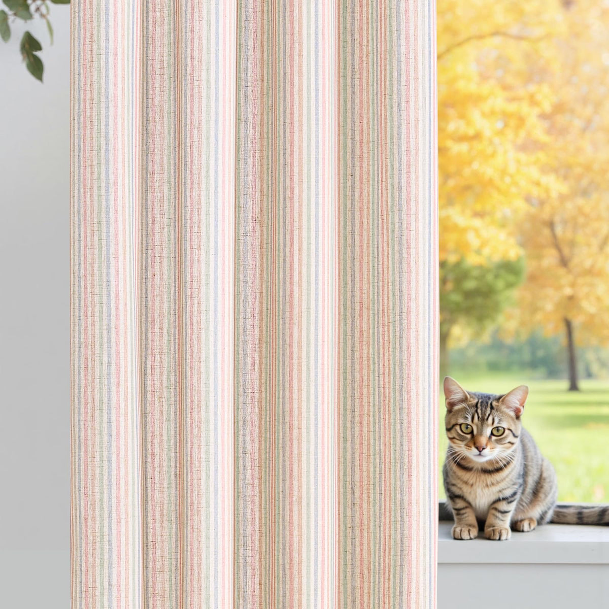 jinchan Linen Curtains 84 Inch Taupe Grey Stripe on Beige Grommet 2 Panels