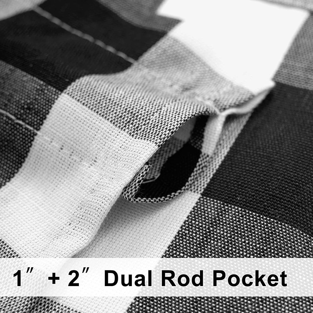 White Black Buffalo Check Curtains with PomPoms 45" SemiSheer Country Plaid