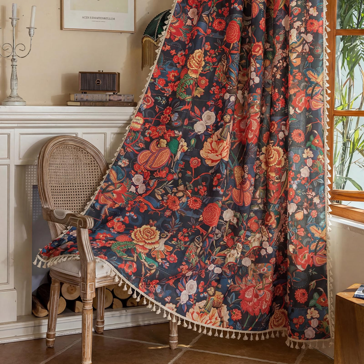 ENJOYBRIDAL Floral Curtains 84 Inch Long Living Room Boho Drapes Bedroom 2 Panels Semi Sheer Floor Length Window Curtain Panels Vintage Rod Pocket Tassel Farmhouse Nursery Window Treatments