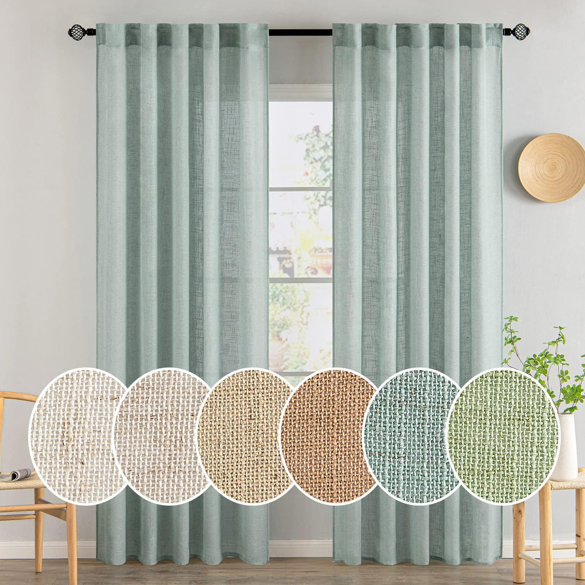MIULEE Natural White Linen Curtains 52x90 Inch Long 2 Panels for Bedroom