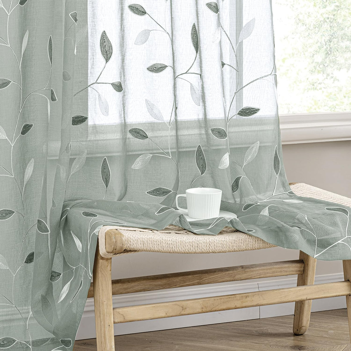 MIULEE Sage Green Sheer Curtains 2 Panels Leaf Patterned, W52 x L84