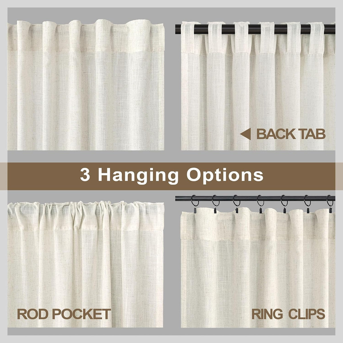 Natural Linen Back Tab Curtains 84 Inch Length for Living Room 2 Panel Pocket Drape Light Filtering Semi Sheer Neutral Country Rustic Farmhouse Boho Curtain Bedroom Muslin Look Ivory Cream Colored