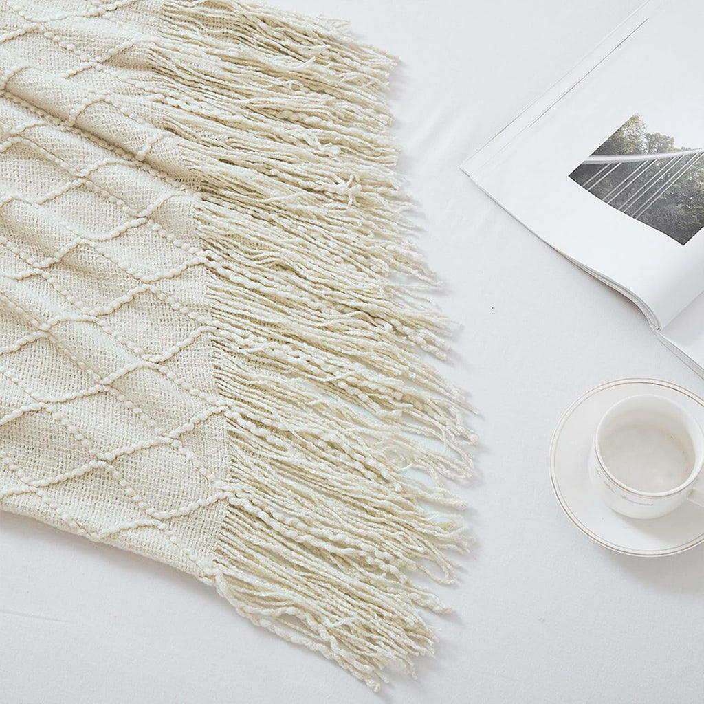 BOURINA Beige Throw Blanket 50x60 Inch Boho Knitted Soft Throw Sofa Blanket
