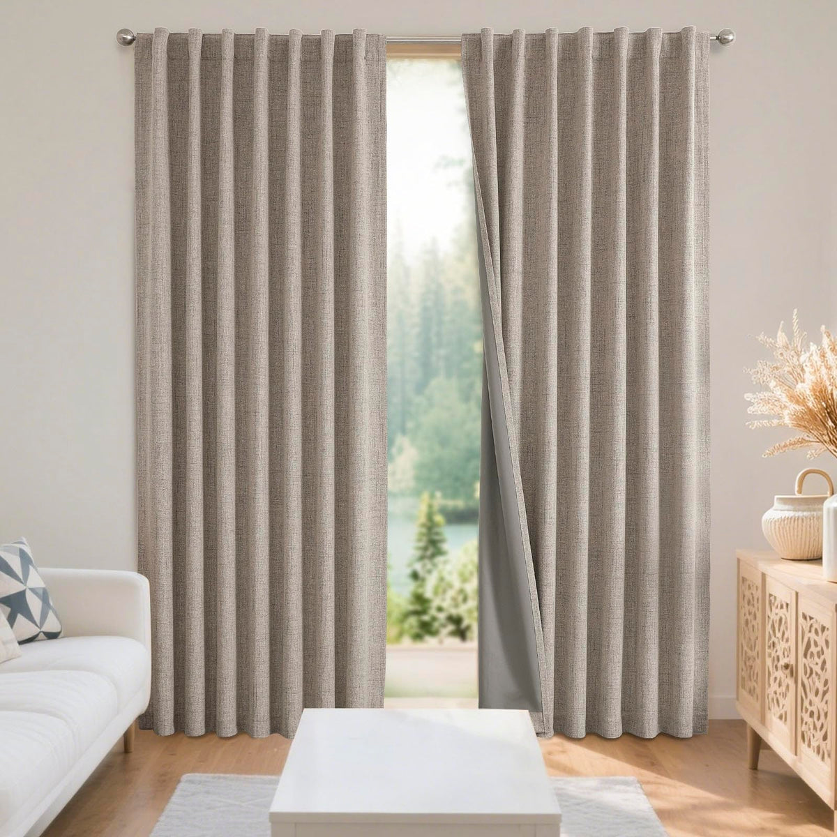 Joydeco Blackout Curtains for Bedroom - 84 Inch Long 100% Light Blocking 2 Panels Light Beige Drapes, Thermal Insulated Room Darkening Curtains, Linen Textured for Living Room, Rod Pocket & Back Tabs