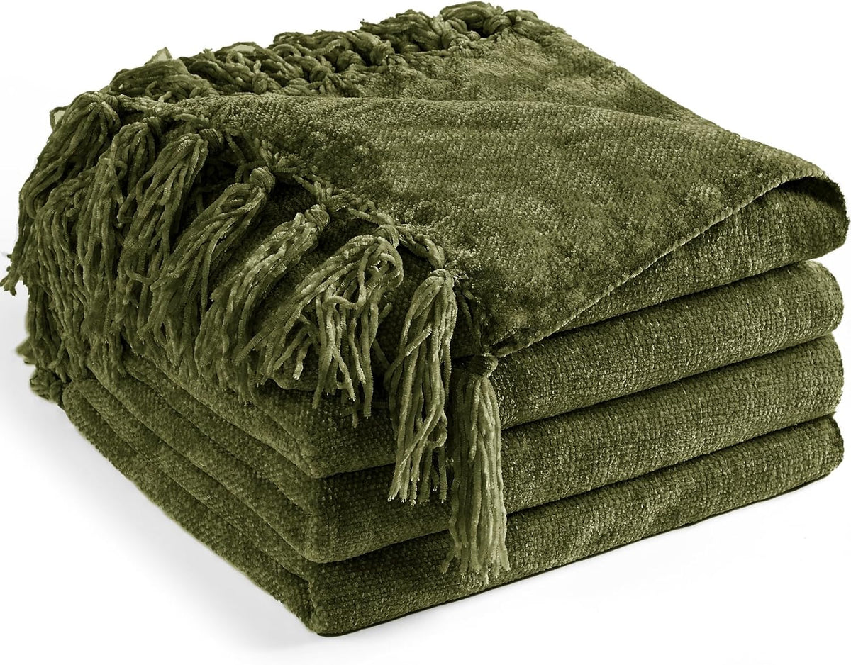 Chenille Throw Blanket for Couch 50" x 60", Olive Green