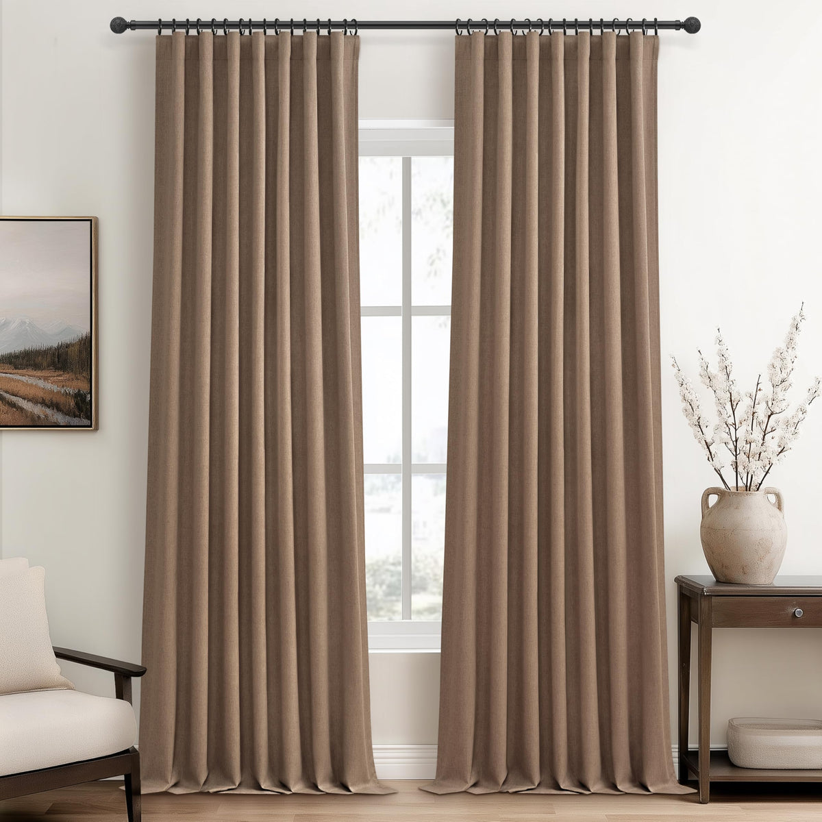 100% Blackout Curtains 84 Inch Length 2 Panels Set Farmhouse Style for Bedroom Windows/Living Room Thermal Insulated Neutral Boho Drapes Linen Blend Natural Ivory 7ft Long Hook Belt Pleated/Back Tab