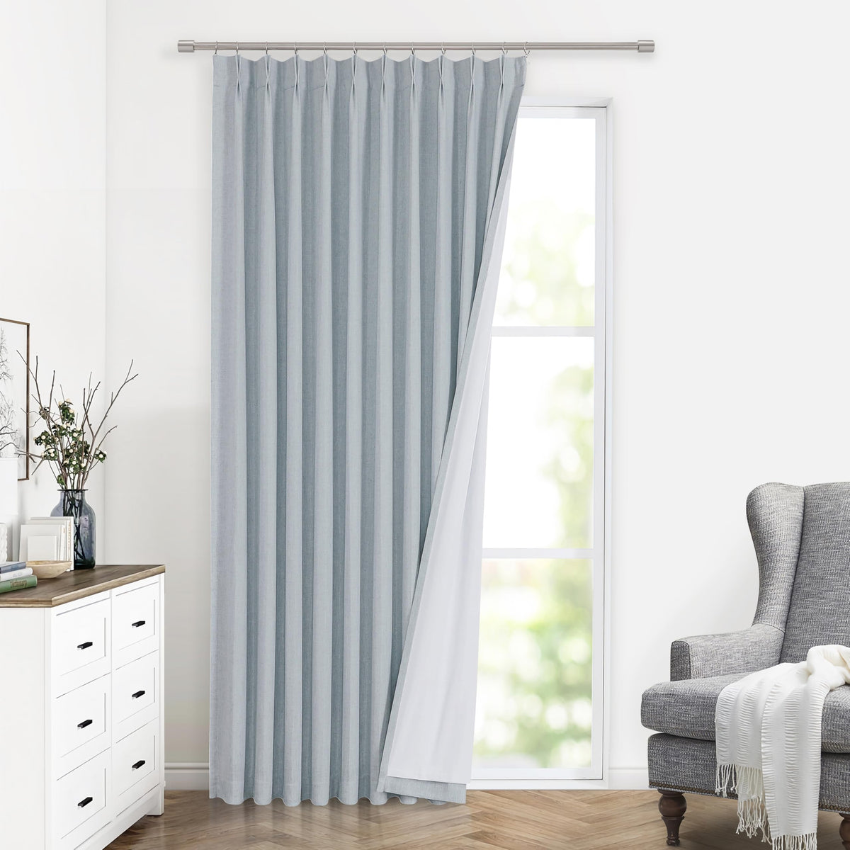 Vision Home Pinch Pleated Full Blackout Curtains Linen Blended Room Darkening Window Curtains 84 inch for Living Room Bedroom Thermal Insulated Pinch Pleat Drapes with Hooks 2 Panel 40"Wx84"L,Blue Fog
