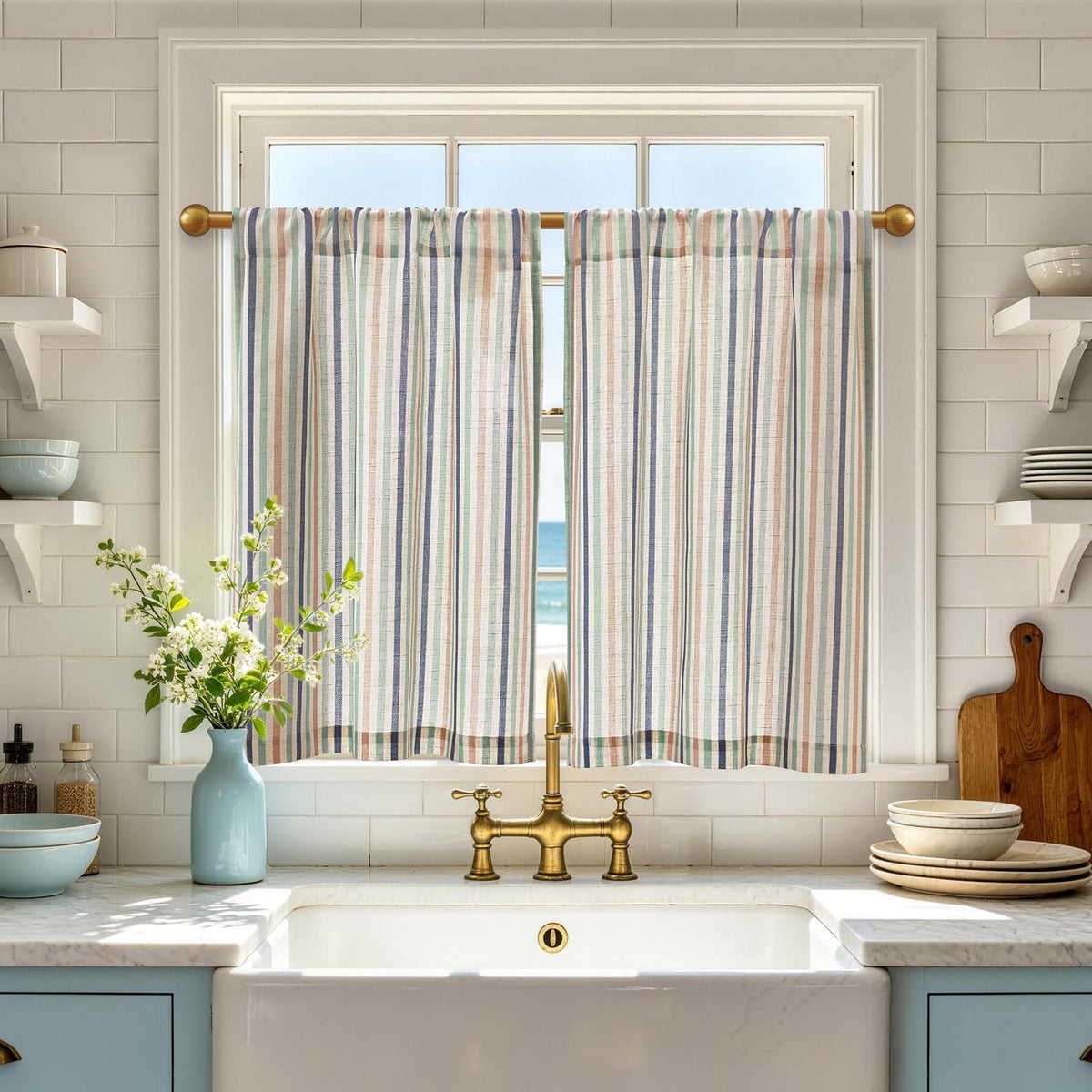 jinchan Striped Linen Kitchen Curtains 36 Inches Length Tier Curtains Farmhouse Modern Cafe Style Small Window Treatments Airy Light Filtering Rod Pocket for Living Room Bathroom 2 Panels Sage Green