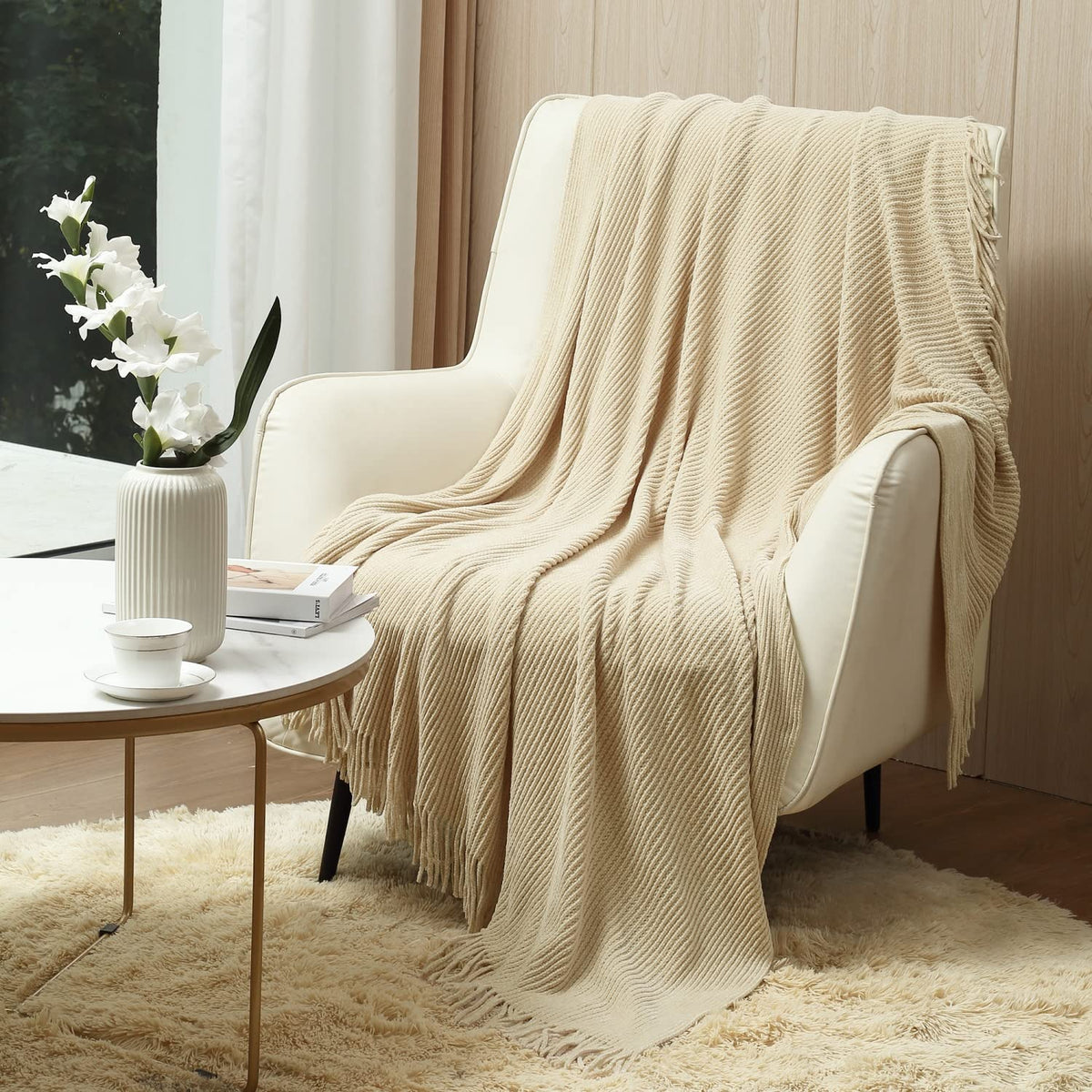 CREVENT Farmhouse Boho Knitted Throw Blanket for Couch Sofa Chair Bed Home Decoration, Soft Warm Cozy Light Weight for Spring Summer Fall (50''X60'' Off White/Ivory/Cream)