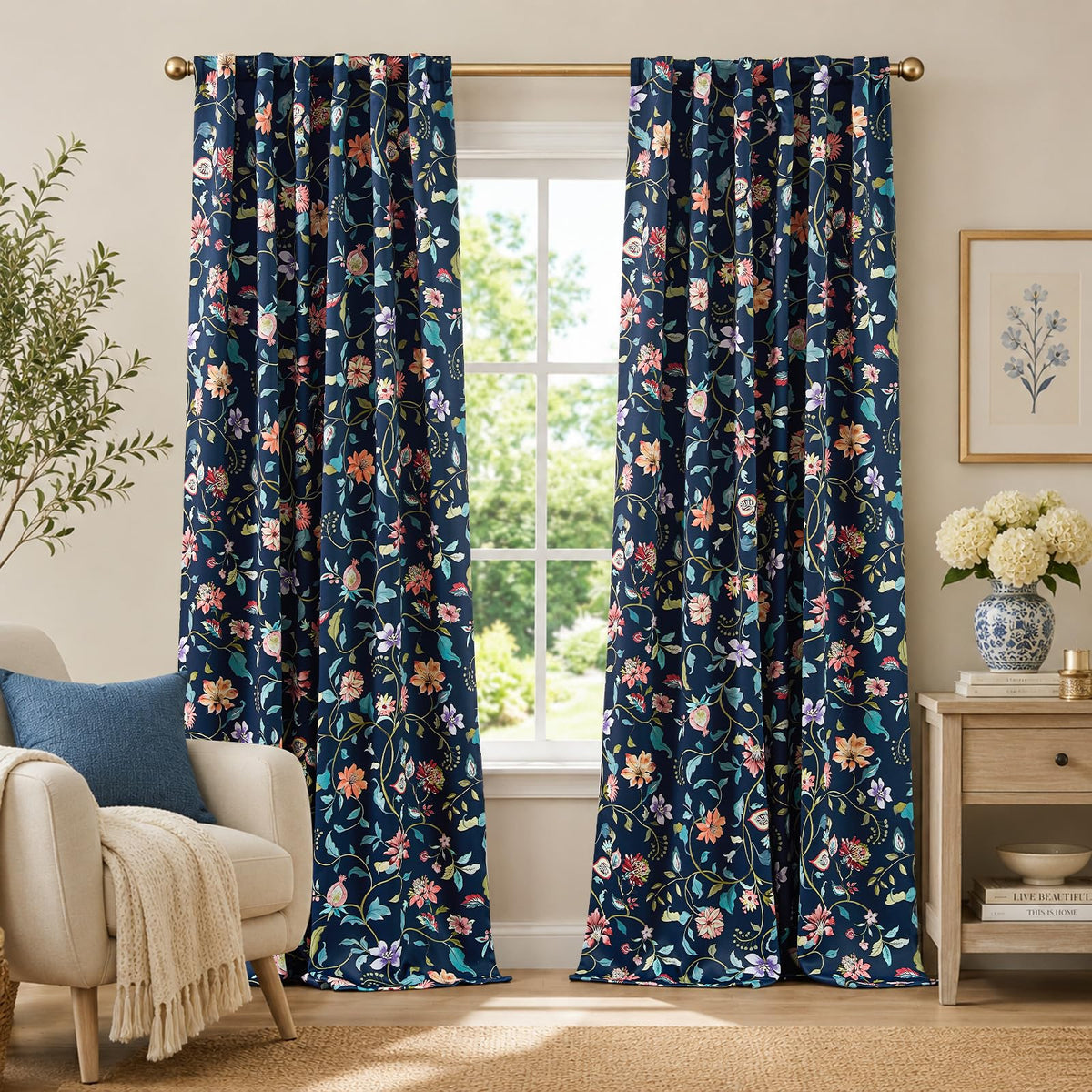 jinchan Beige Boho Floral Blackout Curtains 84 Inch Grommet 4 Panels