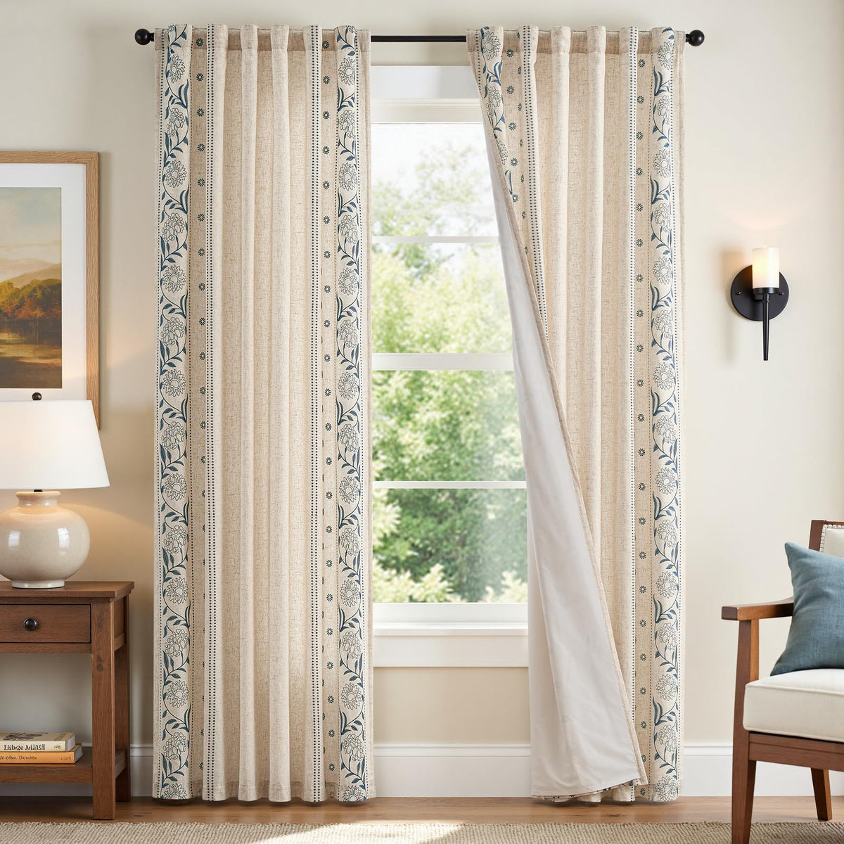 jinchan Sage Floral Linen Curtains for Living Room 84" Back Tab 2 Panels