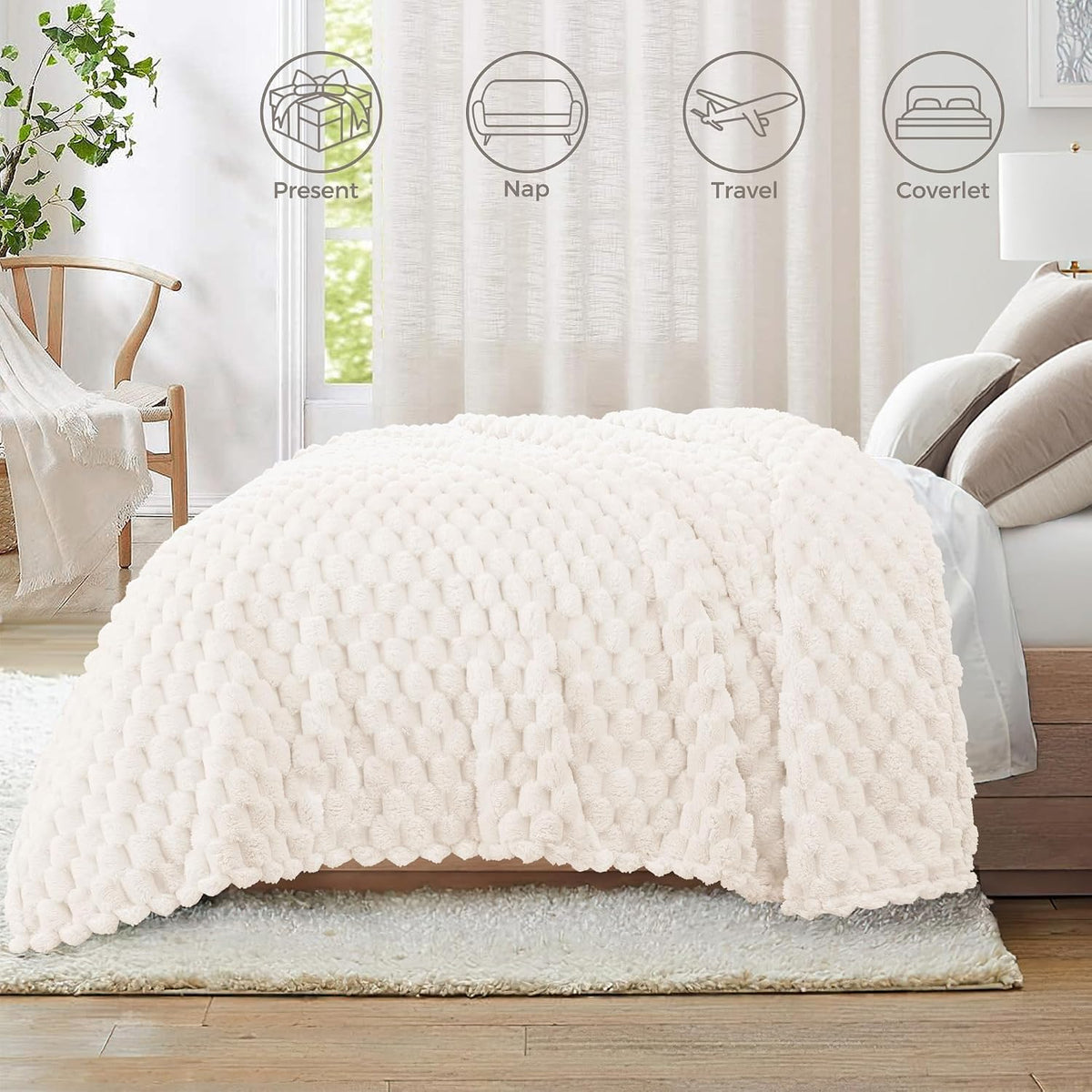 Whale Flotilla Soft 3D Jacquard Fleece Throw Blanket for Couch & Bed, Ivory