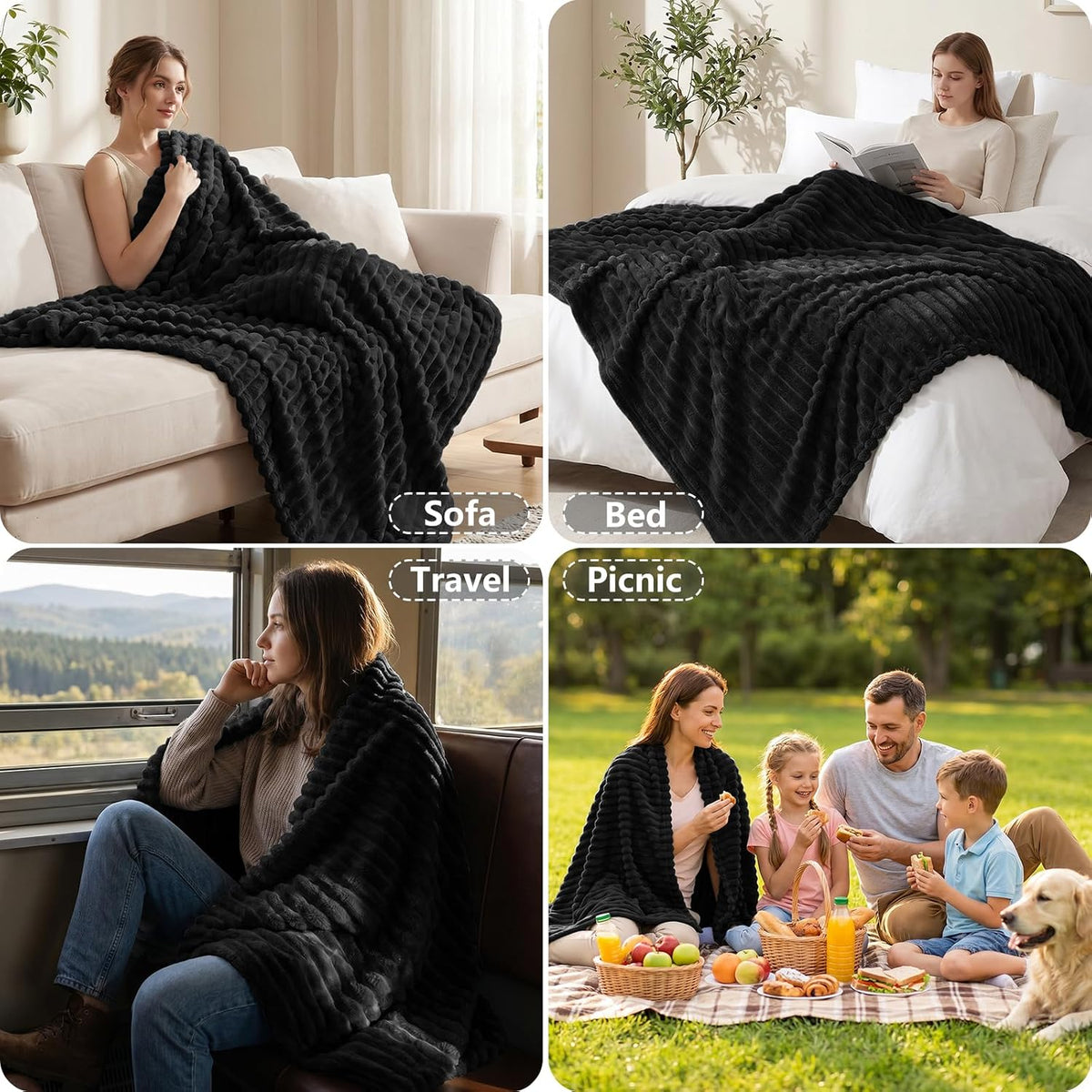CozyLux Black Throw Blanket for Couch, Ribbed Fleece, 50 x 60 Inch