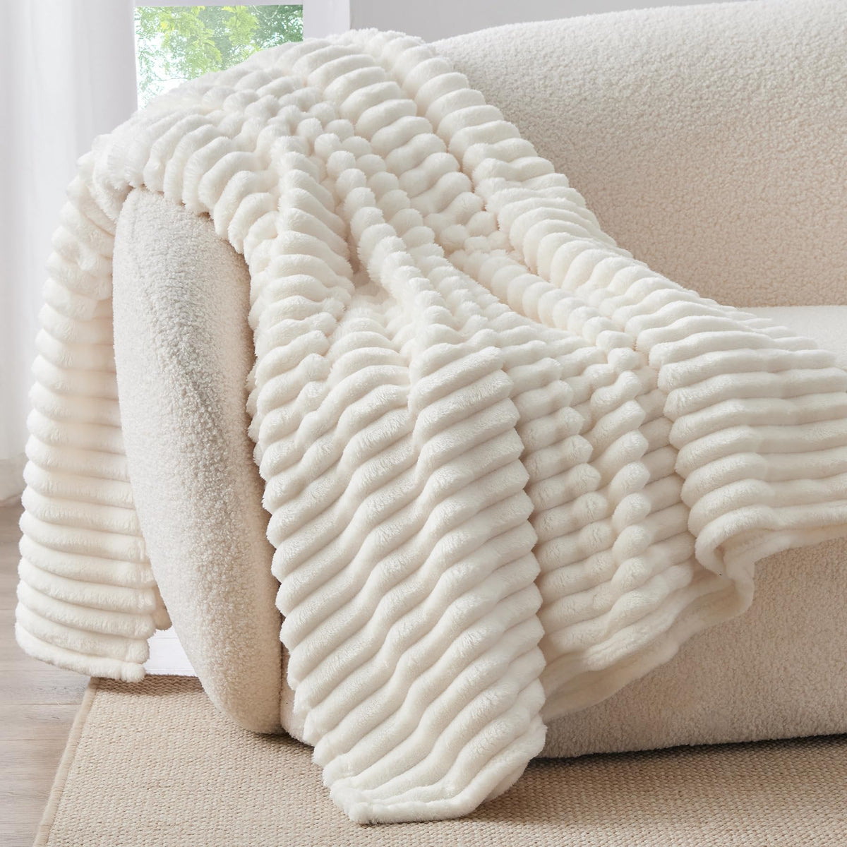 BEDELITE Ribbed Fleece Throw Blanket for Couch, Cream, 50"x60"