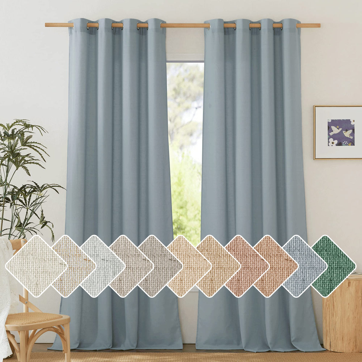 NICETOWN Natural Linen Curtains 84 inch Long 2 Panels Set, Grommet Top Thick Linen Burlap Semi Sheer Vertical Drapes Privacy Assured with Light Filtering for Bedroom/Living Room, W55 x L84