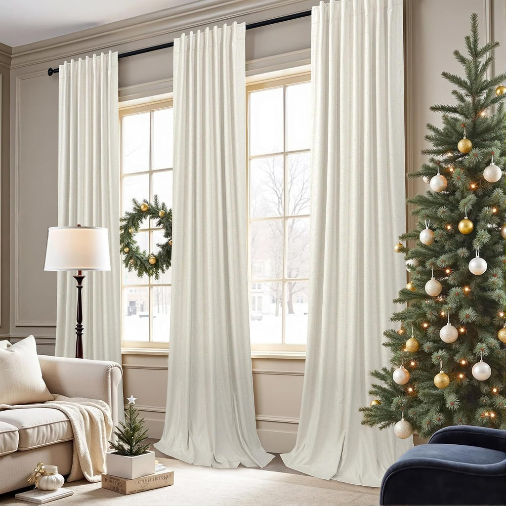100% Blackout Curtains 84 Inch Length 2 Panels Set Neutral Boho Linen Farmhouse for Bedroom Windows Living Room Darkening Thermal Insulated Drapes Natural Cream Ivory 7ft Long Back Tab Pleated Pocket