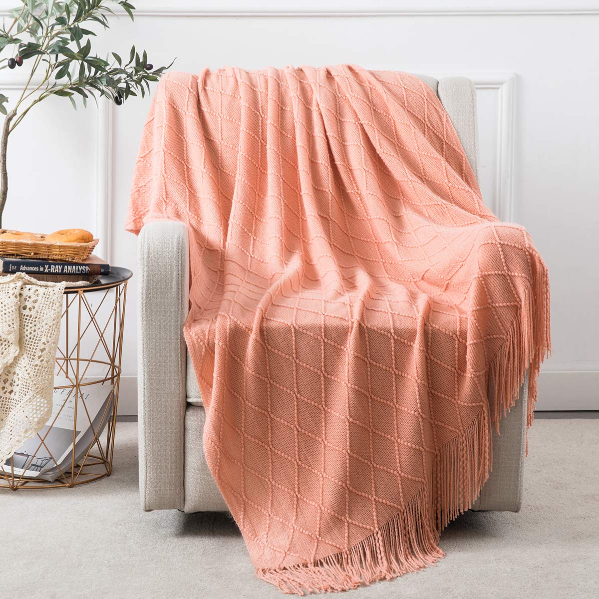 Homiest Pale Blue Knitted Throw Blanket with Fringe, 50x60 Inch