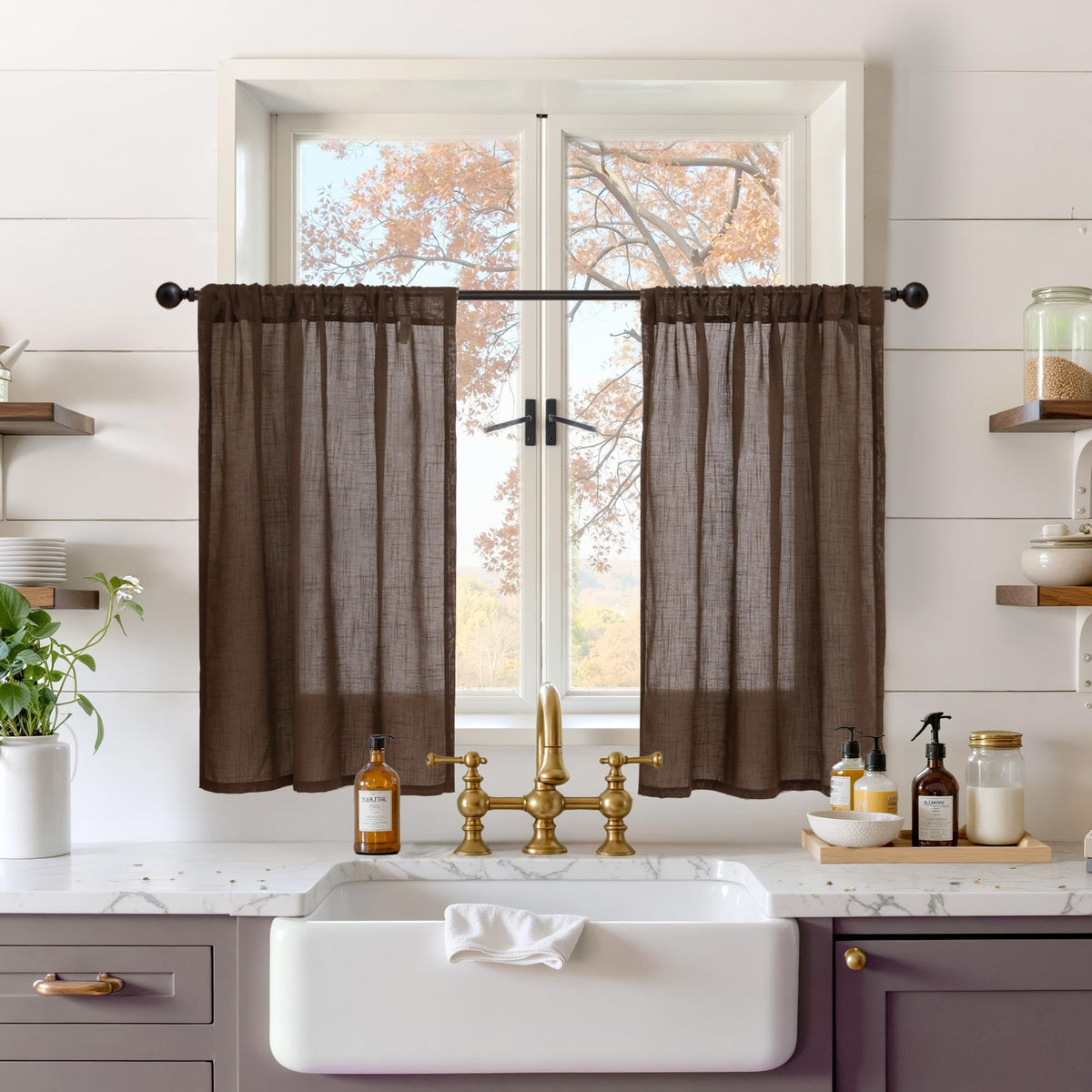 BGment Tan Linen Curtains 84 Inch Length 2 Panels Burlap Semi Sheer Drapes
