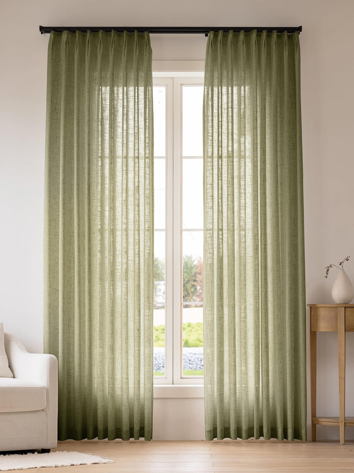 Liz Sheer Pinch Pleated Linen Curtains 90 Inches Long - Light Filtering Pleat Curtains for Living Room,Window Curtains for Bedroom, Luxury Pinch Pleated Drapes with Hooks, Natural, 2 Panels Set