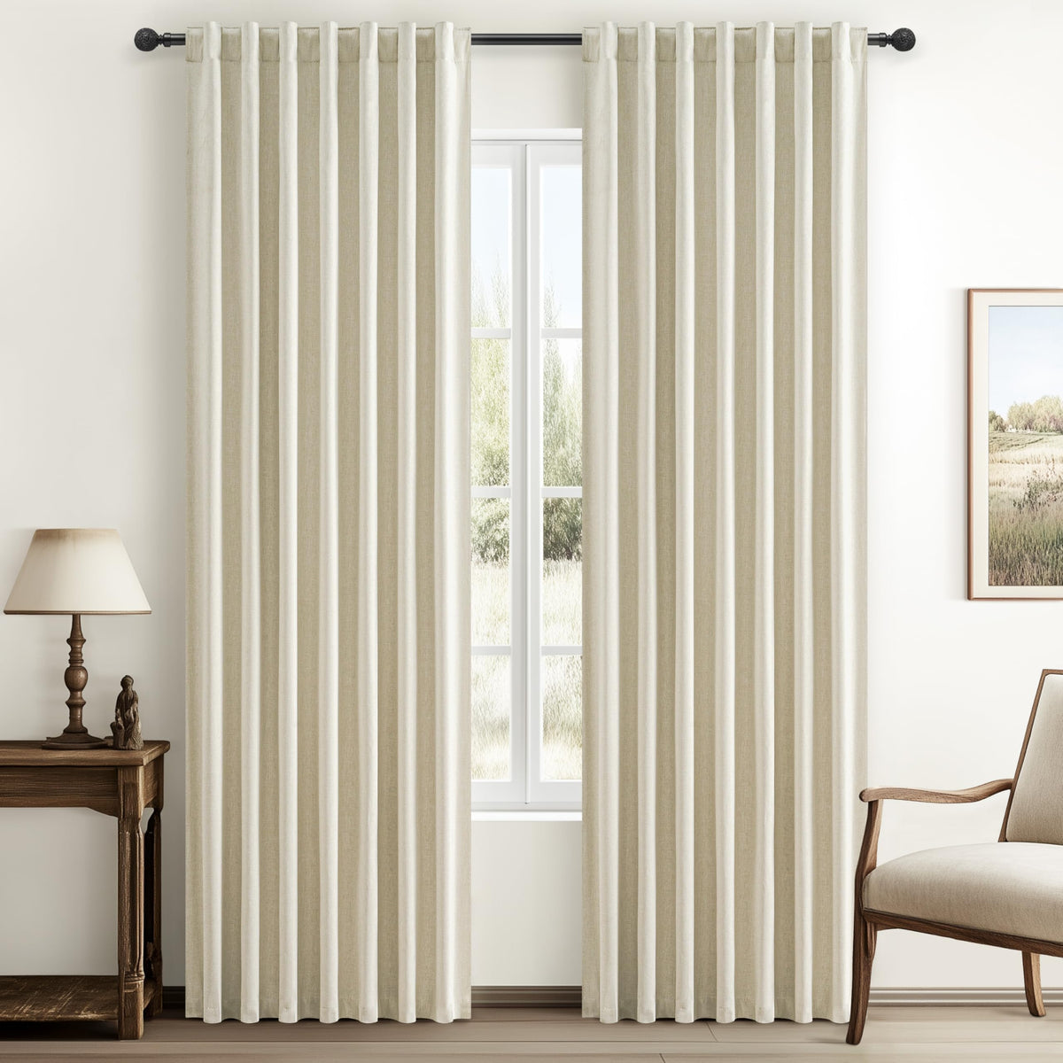 100% Blackout Curtains 84 Inch Length 2 Panels Set Farmhouse Style for Bedroom Windows/Living Room Thermal Insulated Neutral Boho Drapes Linen Blend Natural Ivory 7ft Long Hook Belt Pleated/Back Tab