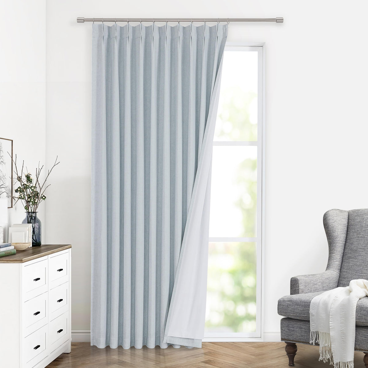Vision Home Pinch Pleated Full Blackout Curtains Linen Blended Room Darkening Window Curtains 84 inch for Living Room Bedroom Thermal Insulated Pinch Pleat Drapes with Hooks 2 Panel 40"Wx84"L,Blue Fog