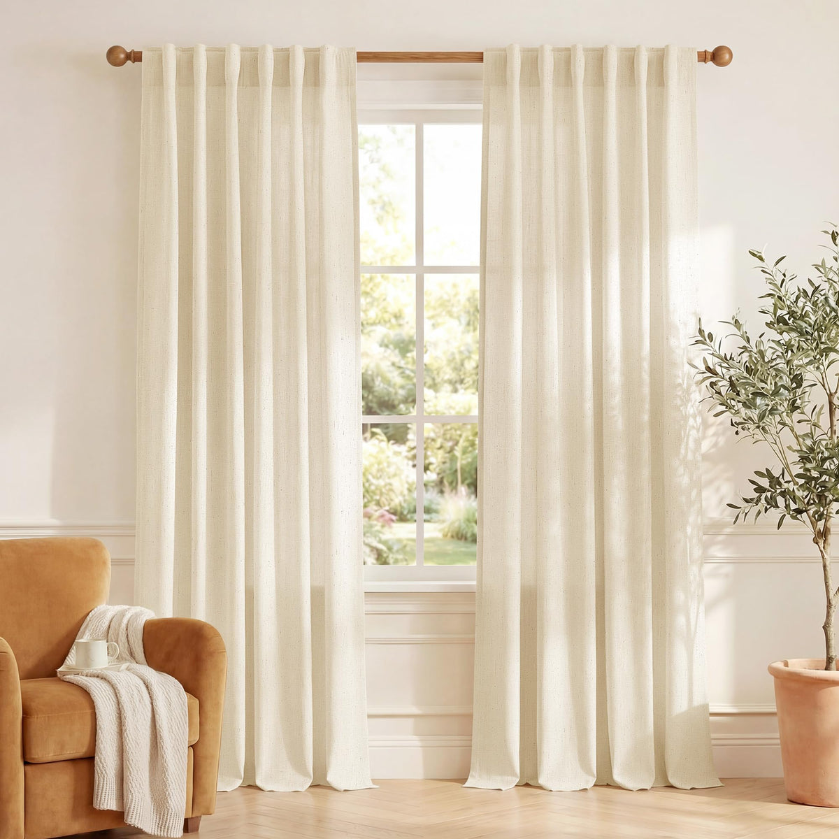 NICETOWN Flax Sheer Linen Curtains for Living Room 95 inch Long 2 Panels, Rod Pocket & Back Tab Semi Sheer Drapes Privacy Added with Light Filtering for Bedroom/Living Room, Natural, W55 x L95