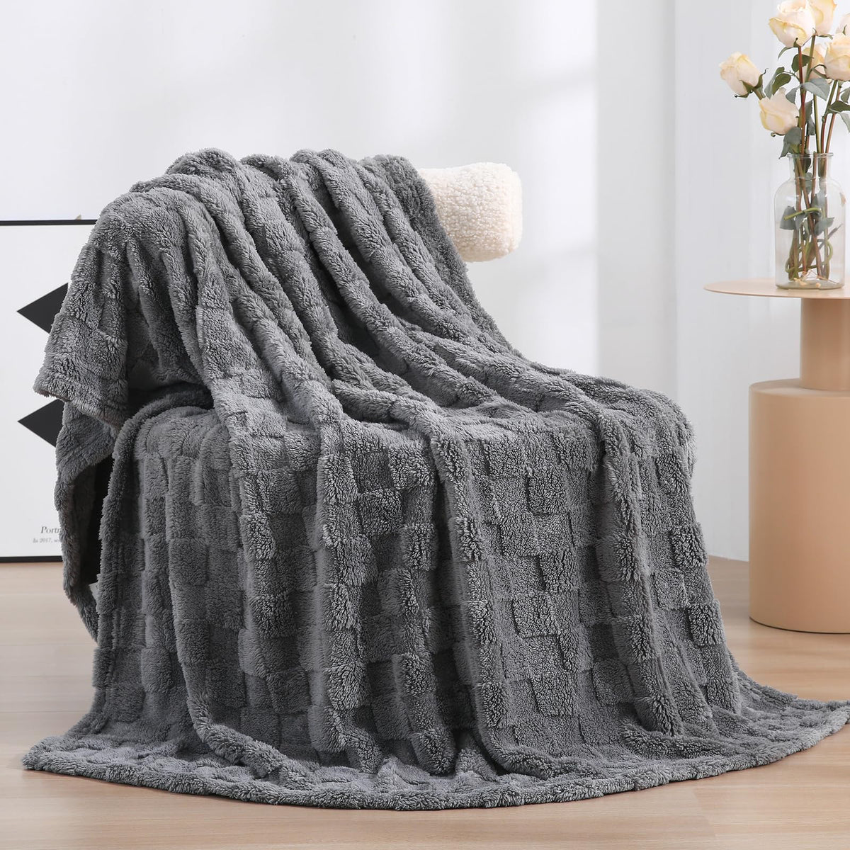 Deep Purple Fleece Throw Blanket 50”×60”Checkered Design for Couch
