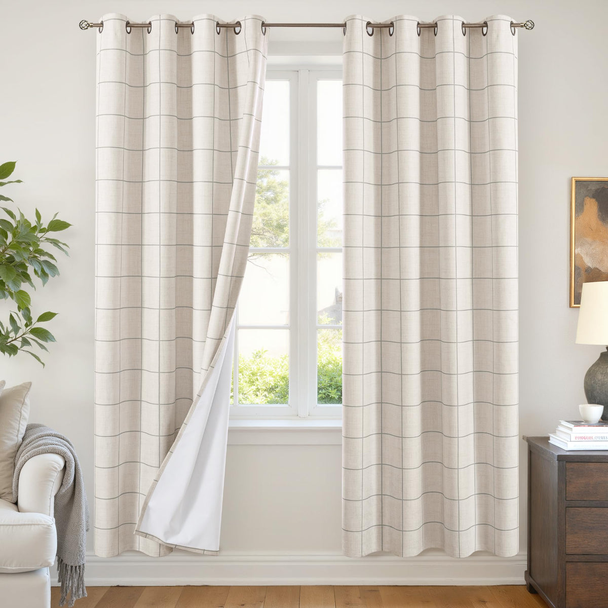 Lajode Linen Blackout Curtains - Boho Plaid 52x84 Inch 2 Panels, Natural