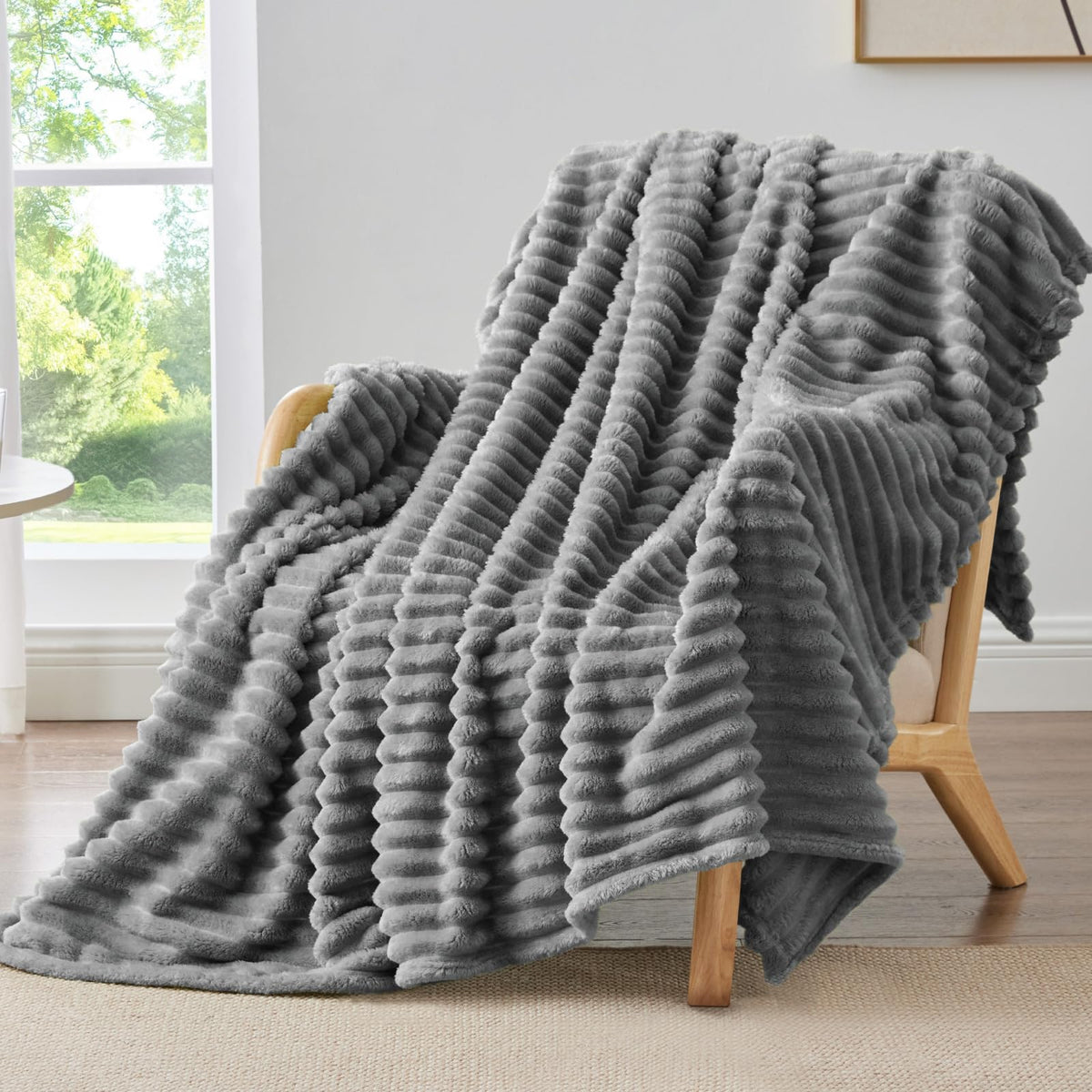 BEDELITE Ribbed Fleece Throw Blanket for Couch, Cream, 50"x60"