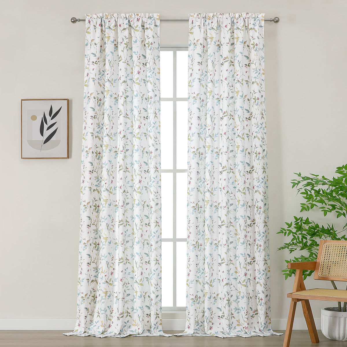 Chyhomenyc Roman Linen Blend Curtains 45 Inch Length 2 Panels, Light Filtering Soft Airy Leaf Floral Printed Rod Pocket Textured Window Treatment Drapes for Living Room Bedroom, 38Wx45L Inch, 2 PCS
