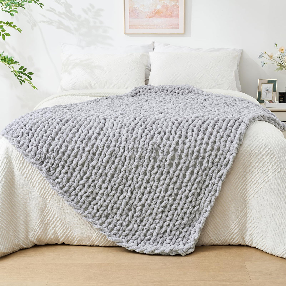 Bigacogo Chunky Knit Throw Blanket for Couch, 40x60 inches, Beige
