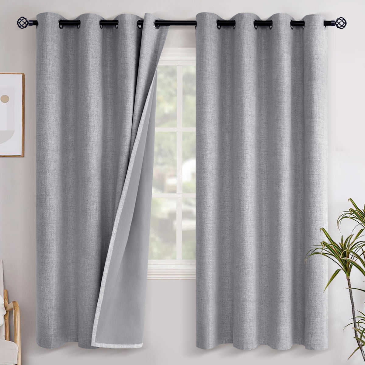YoungsTex Linen Blackout Curtains 63 Inch Length Bedroom Beige Darkening