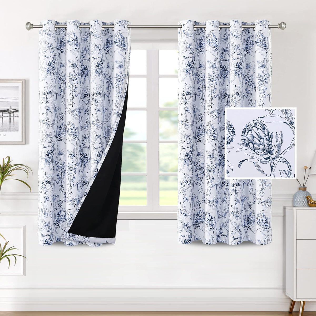H.VERSAILTEX 100% Blackout Curtains 84 inch Length 2 Panels Set Cattleya Floral Printed Drapes Leah Floral Thermal Curtains for Bedroom with Black Liner Sound Proof Curtains, Grey and Taupe