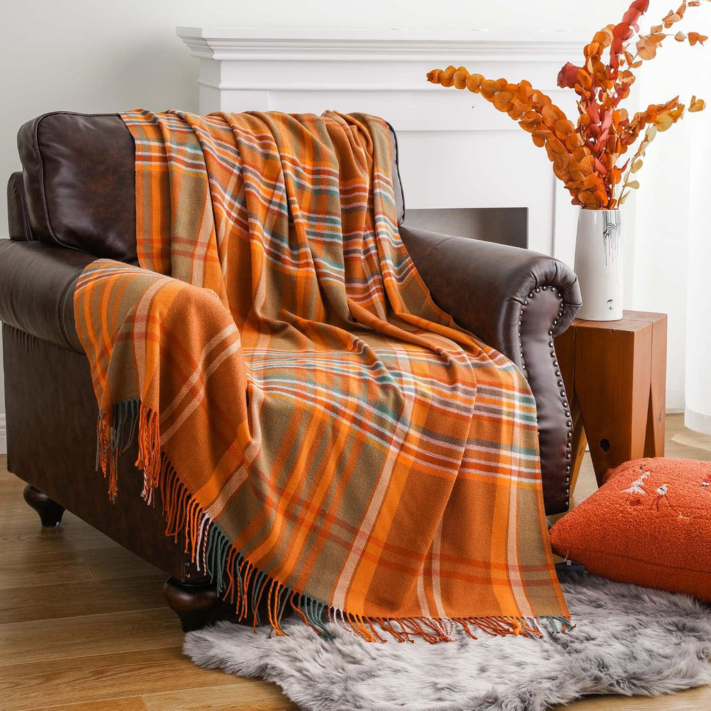 Orange Plaid Throw Blanket for Couch, Fall Throw Blanket 50"x60" Fall Decor