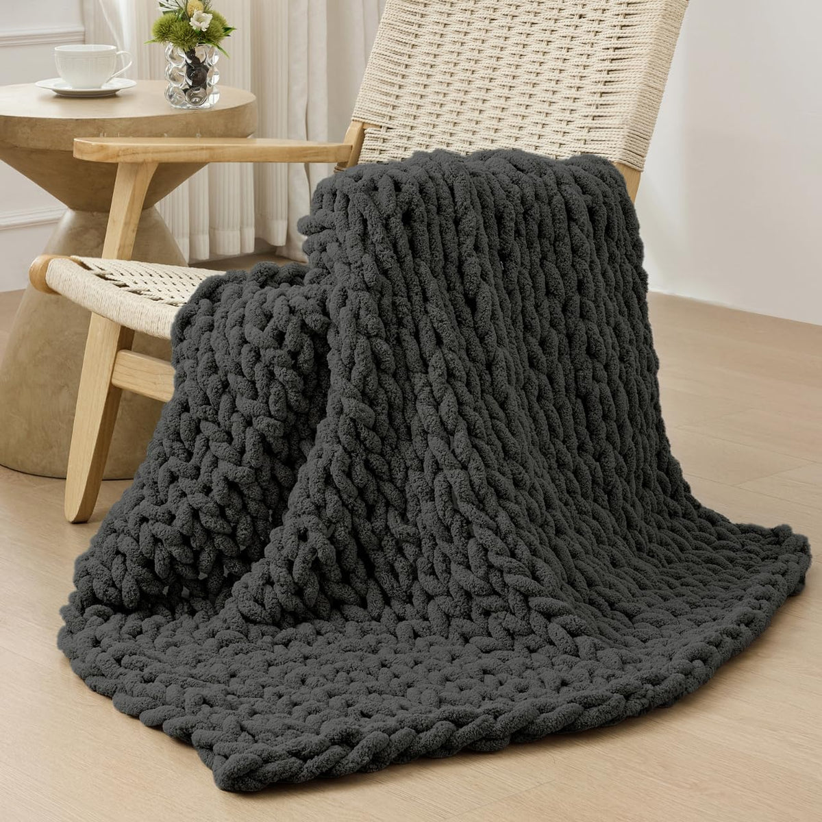 Bigacogo Chunky Knit Throw Blanket for Couch, 40x60 inches, Beige