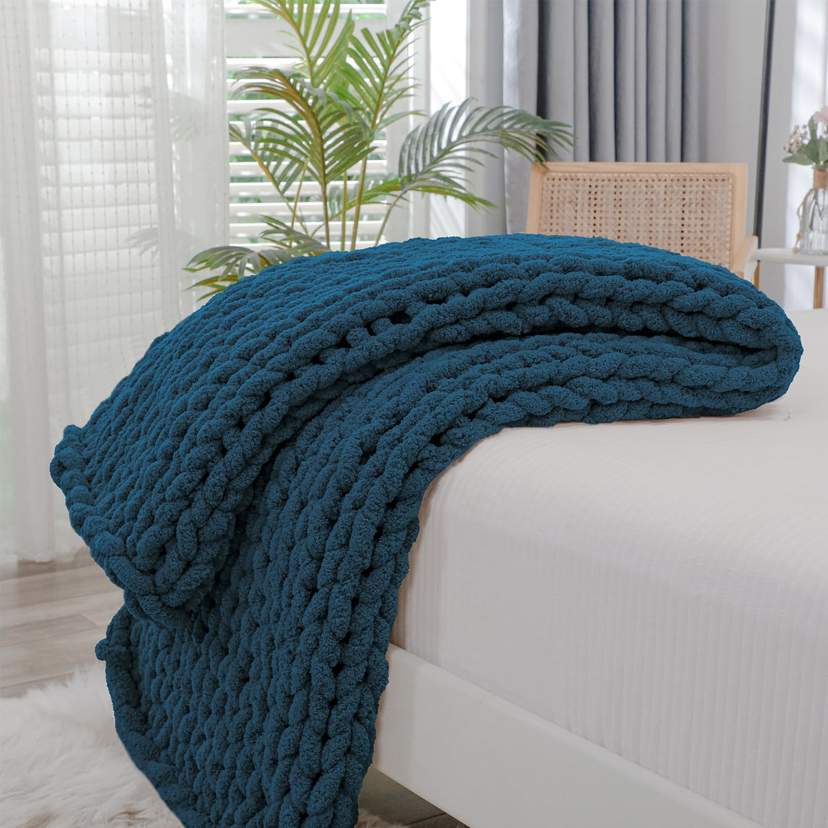 Bigacogo Chunky Knit Throw Blanket for Couch, 40x60 inches, Beige