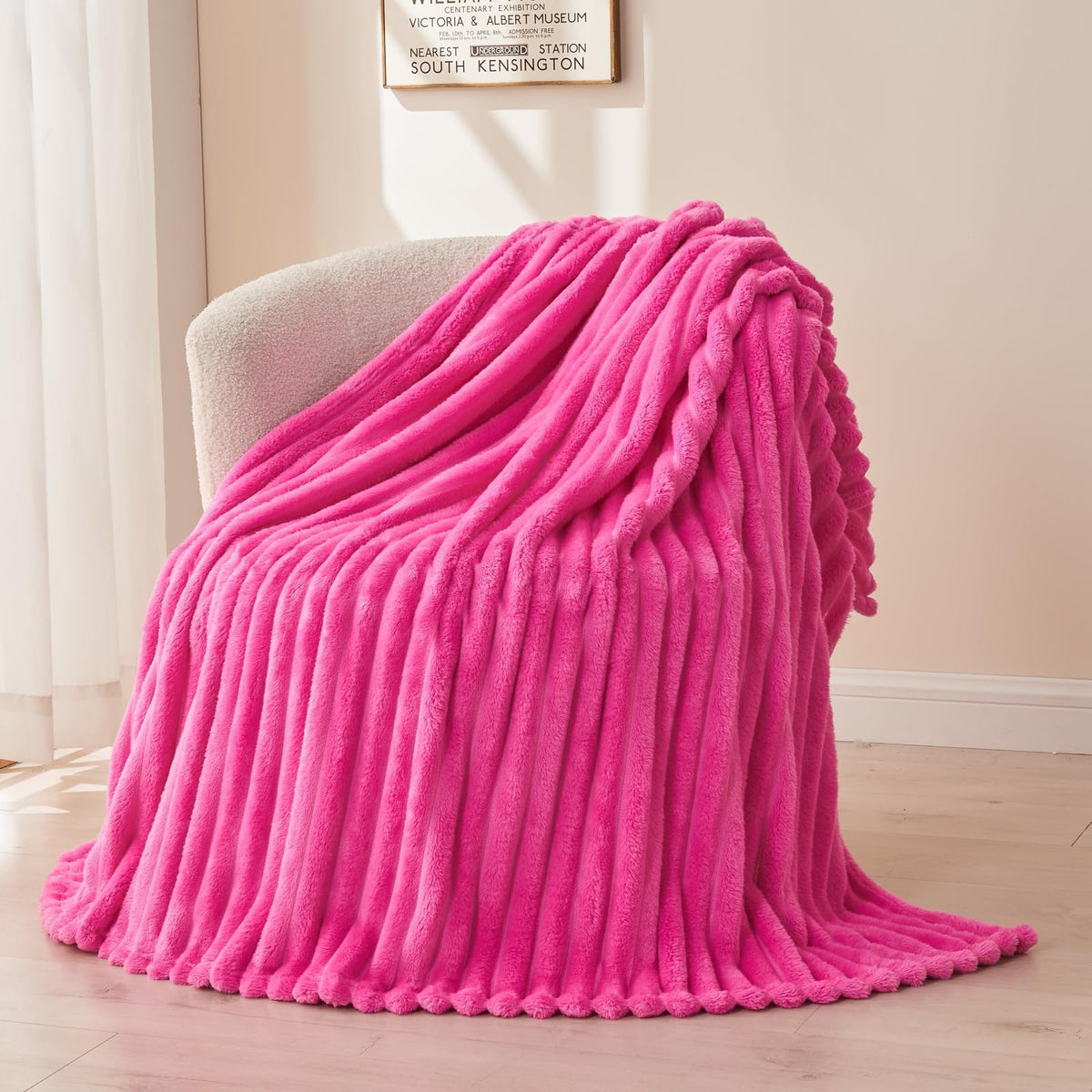 NEWCOSPLAY Fleece Ribbed Cozy Throw Blanket for Couch, Pink, 50"x60"