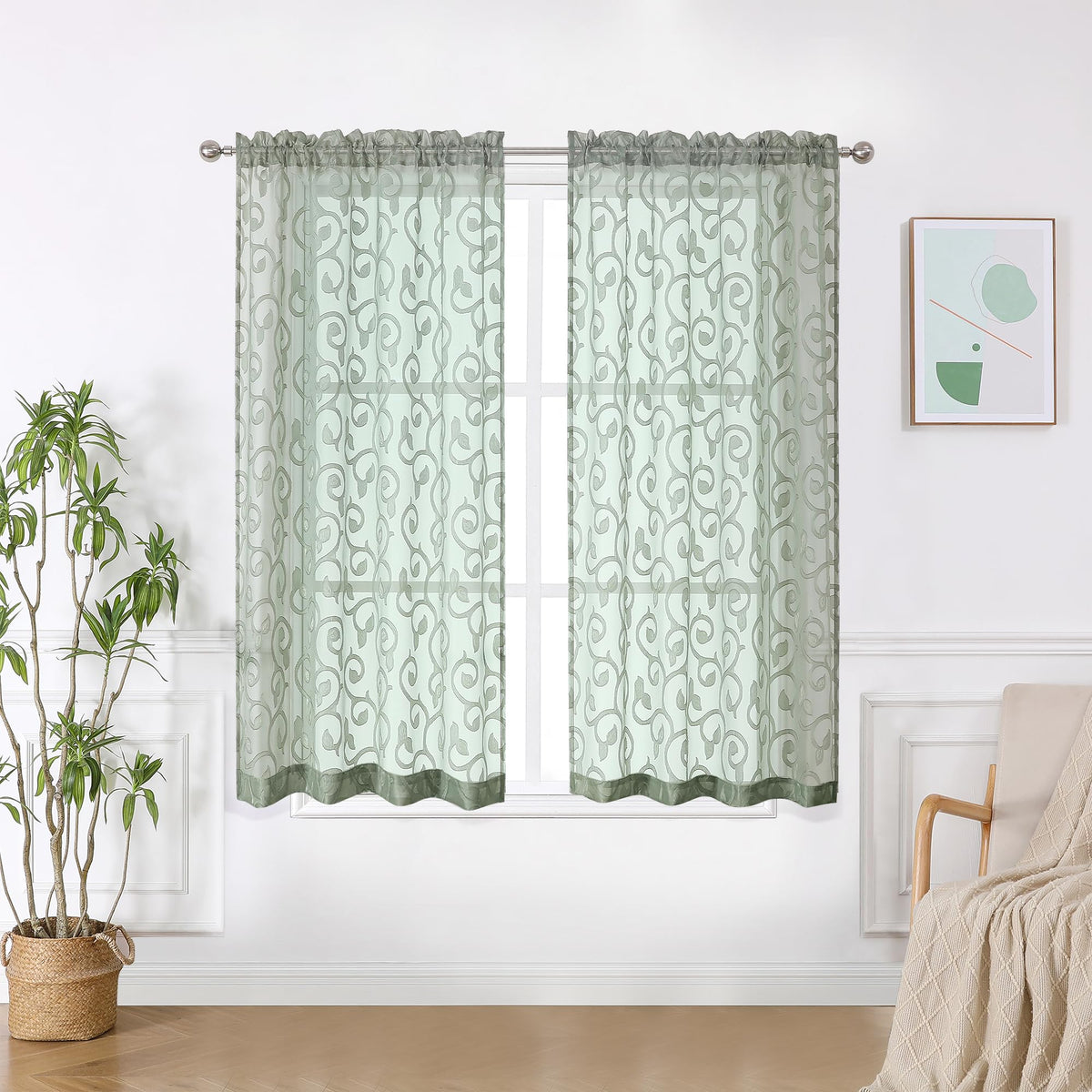 OWENIE Furman Ivory Sheer Curtains 84 inches Long for Bedroom Living Room 2 Panels Set, Jacquard Clip Light Filtering Semi Sheer Curtain Rod Pocket Window Drapes, 2 Pcs Each 40 W 84 L
