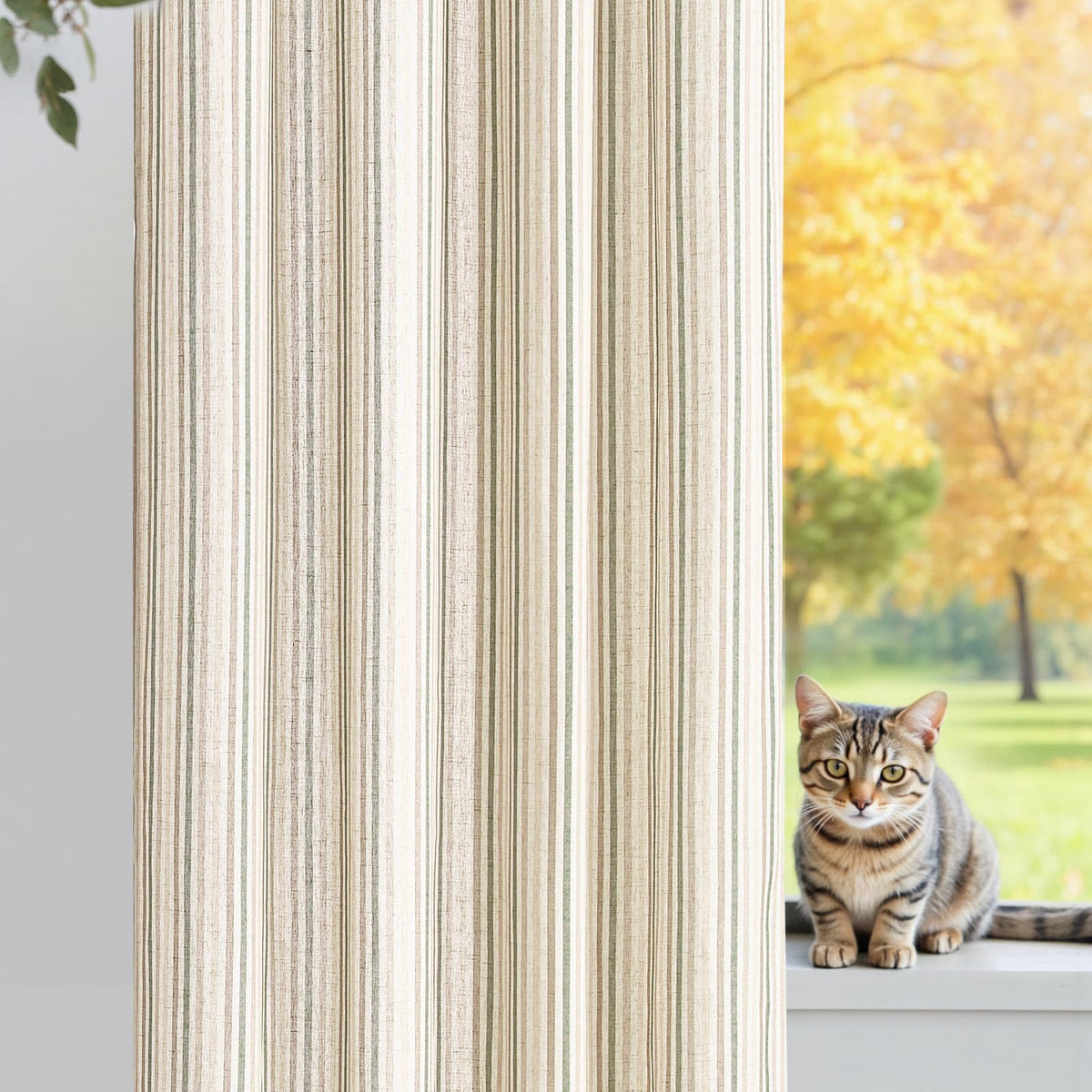 jinchan Linen Curtains 84 Inch Taupe Grey Stripe on Beige Grommet 2 Panels