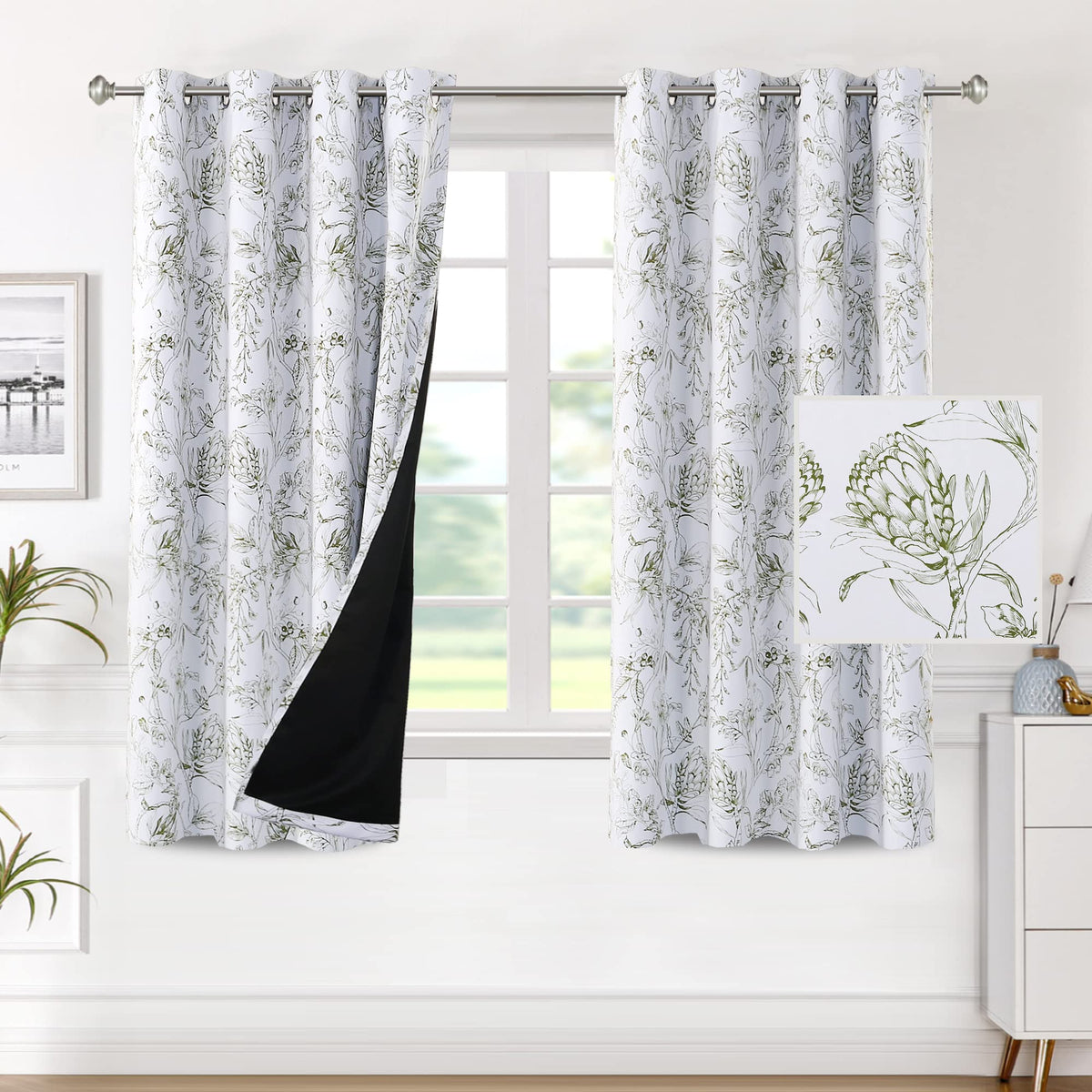 H.VERSAILTEX 100% Blackout Curtains 84 inch Length 2 Panels Set Cattleya Floral Printed Drapes Leah Floral Thermal Curtains for Bedroom with Black Liner Sound Proof Curtains, Grey and Taupe