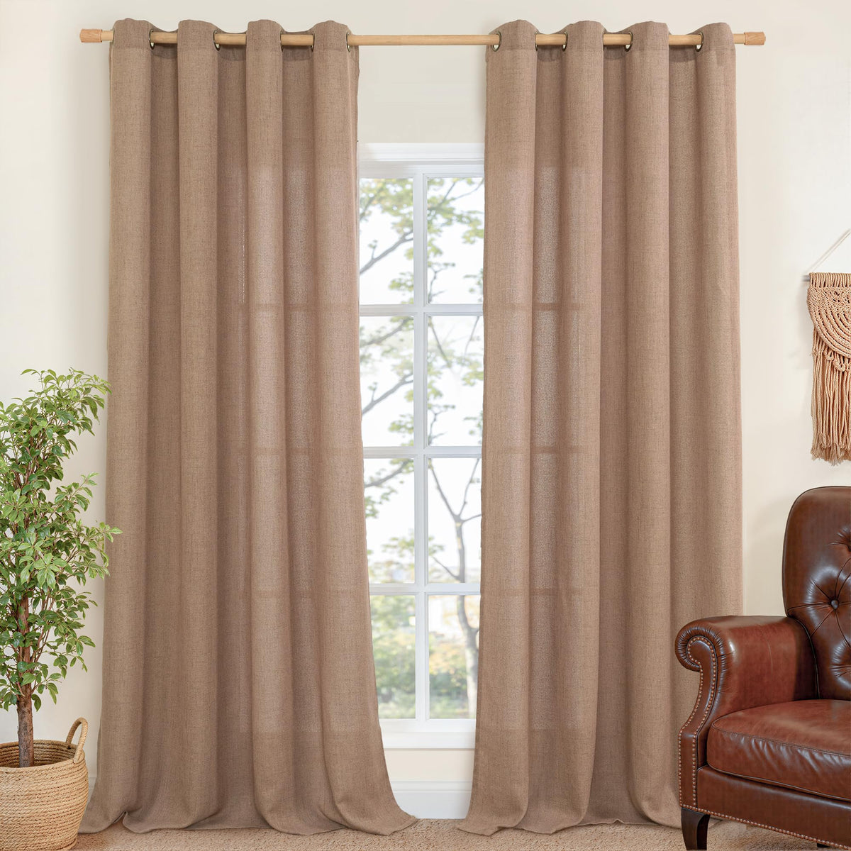 YoungsTex Linen Semi Sheer Curtains 63 Inch Length, Light Filtering Drapes