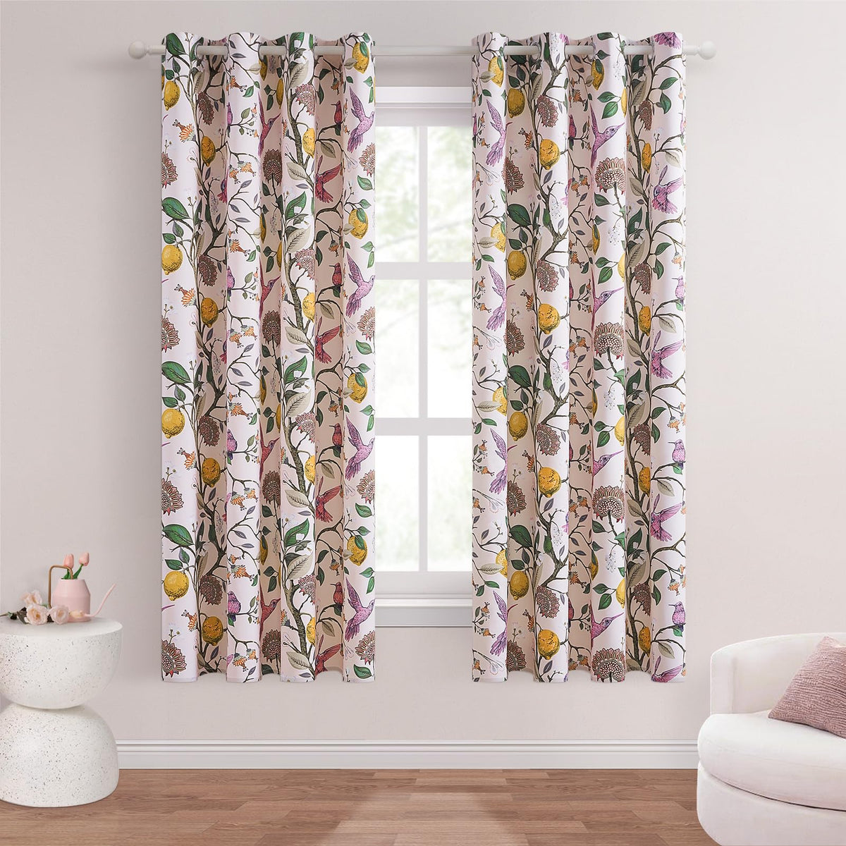 Topfinel Mustard Yellow Vintage Curtains & Drapes 84 Inches Long, Grommet Luxury Whimsical Floral Lemon Hummingbird Patterned Waverly Mid Century Colorful Blackout Drapes for Living Room Bedroom