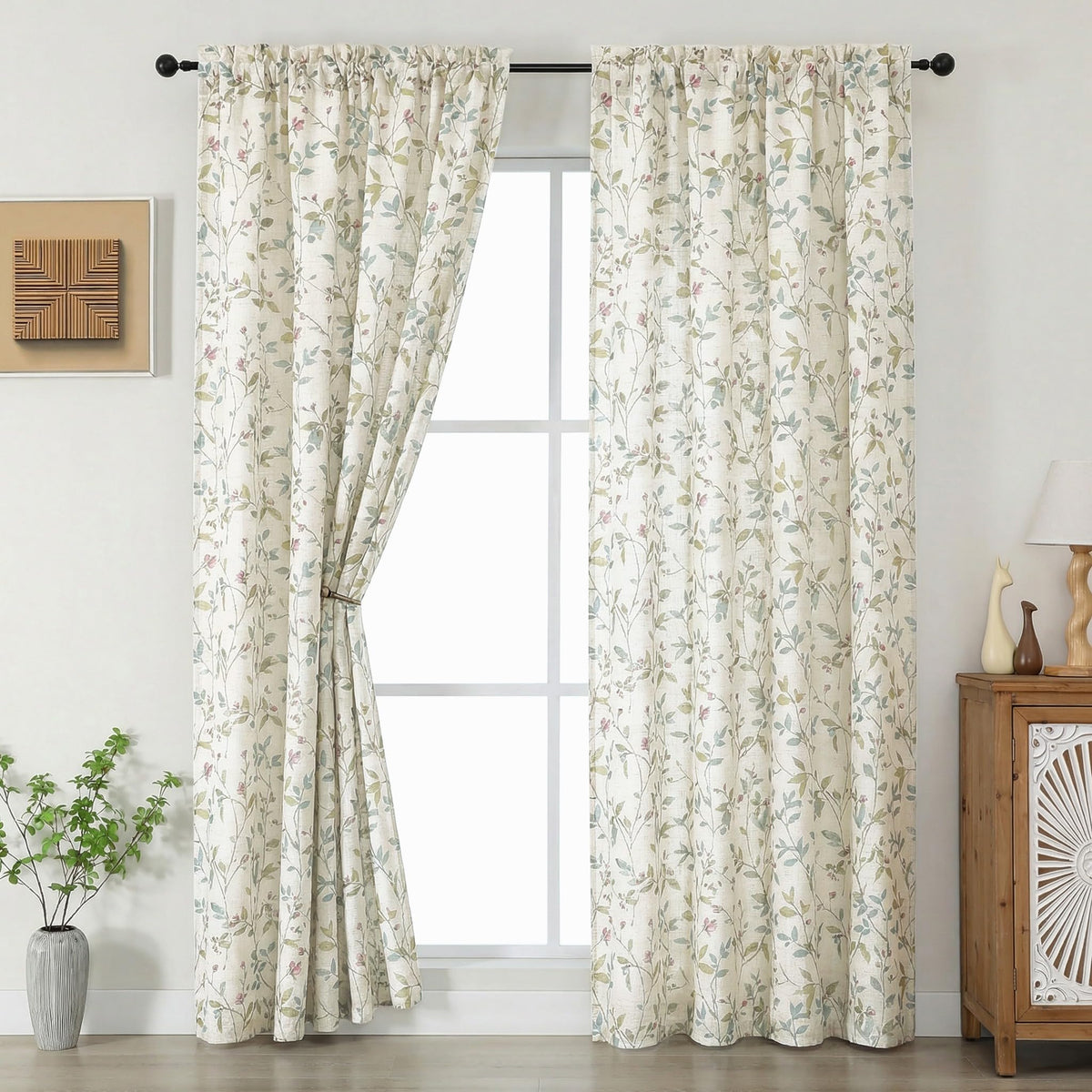 Chyhomenyc Roman Linen Blend Curtains 45 Inch Length 2 Panels, Light Filtering Soft Airy Leaf Floral Printed Rod Pocket Textured Window Treatment Drapes for Living Room Bedroom, 38Wx45L Inch, 2 PCS
