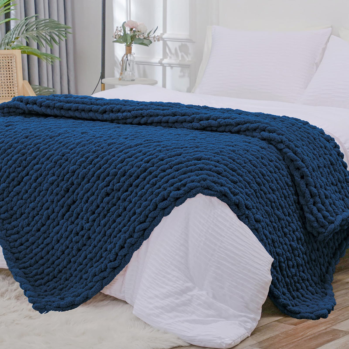 Bigacogo Chunky Knit Throw Blanket for Couch, 40x60 inches, Beige