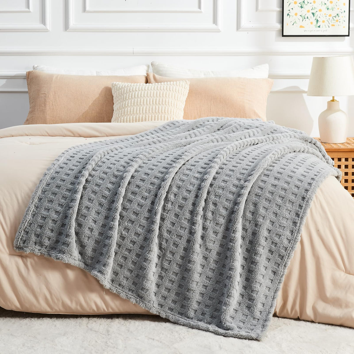 NEWCOSPLAY 3D Checkered Flannel Throw Blanket, Ivory Checkered, 50"x70"