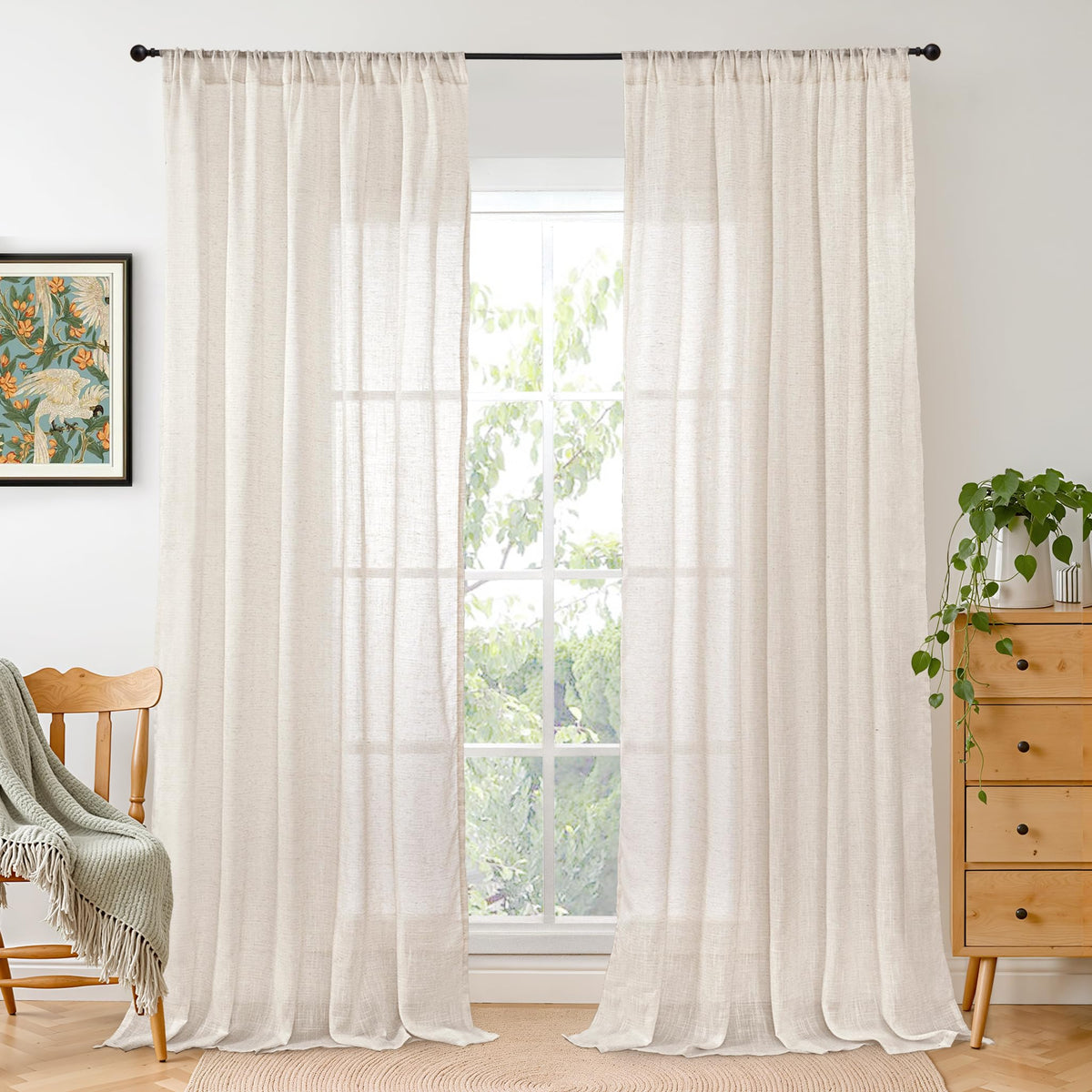 BGment Tan Linen Curtains 84 Inch Length 2 Panels Burlap Semi Sheer Drapes