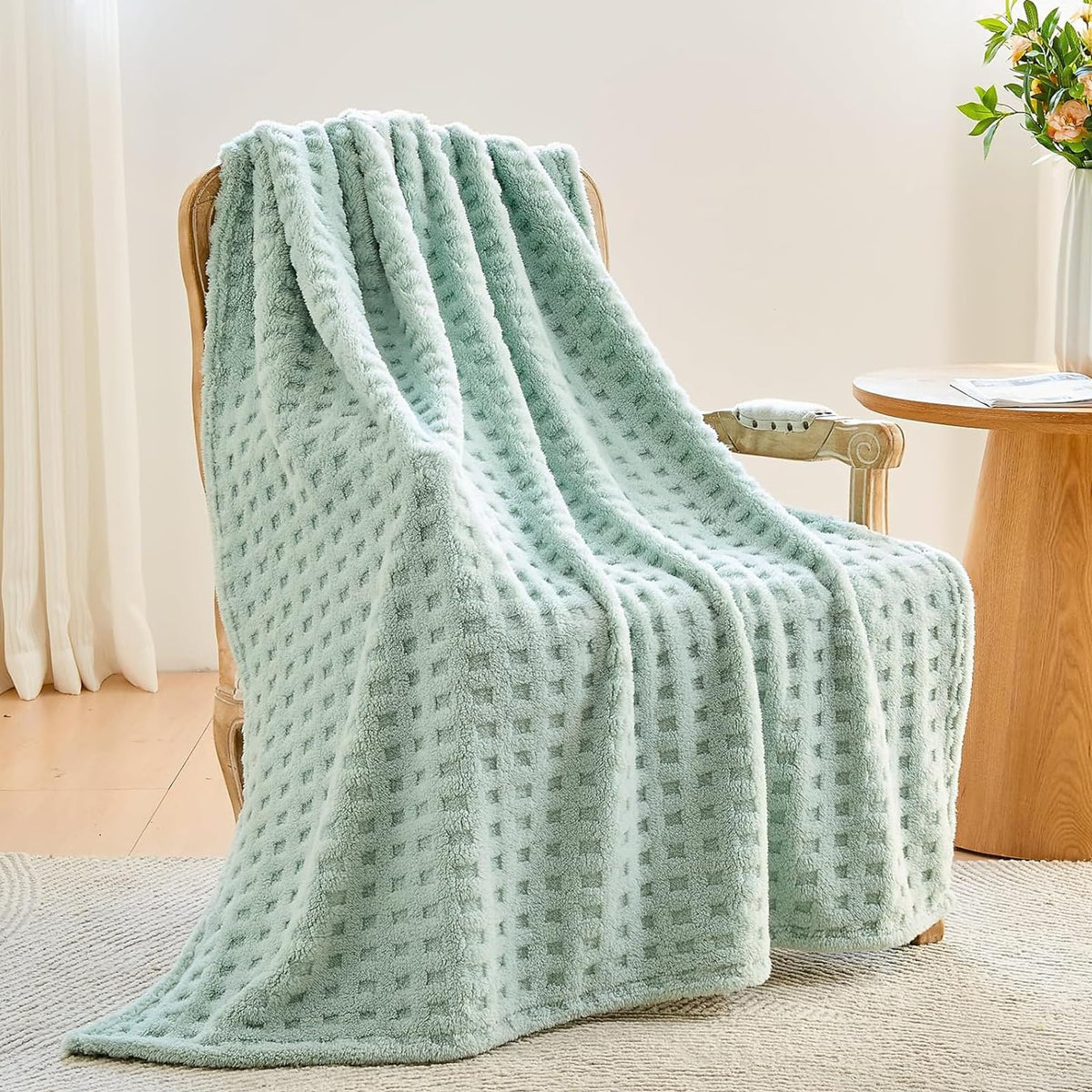 NEWCOSPLAY 3D Checkered Flannel Throw Blanket, Ivory Checkered, 50"x70"
