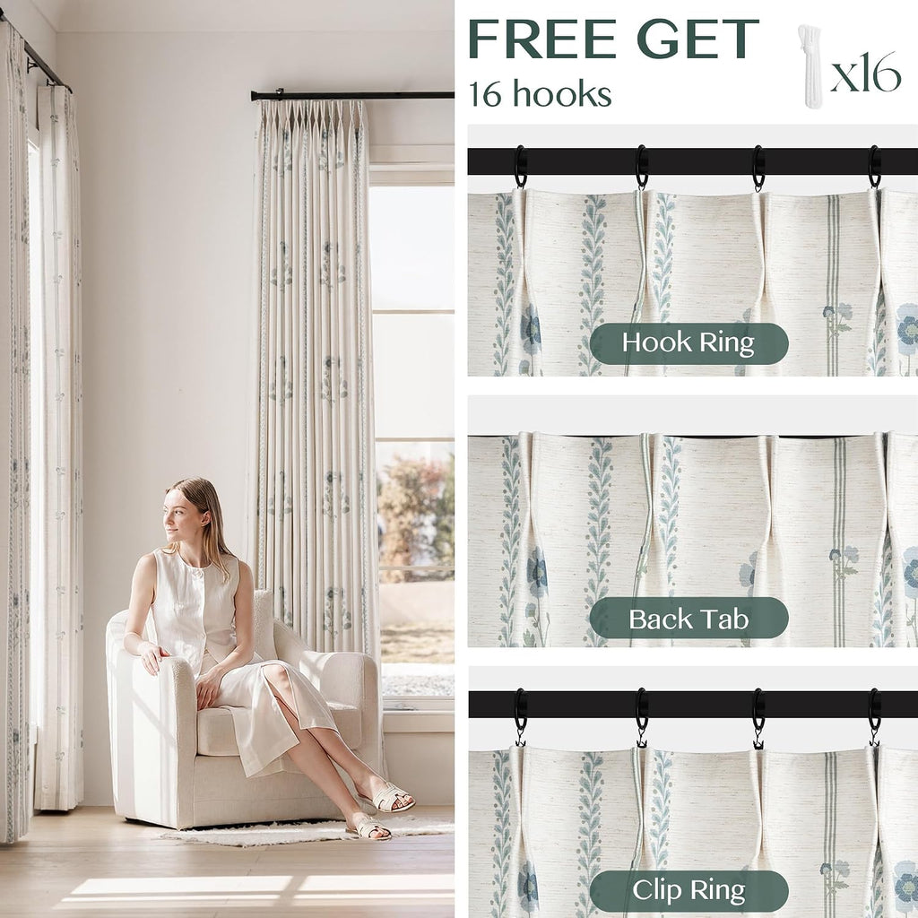 Pinch Pleated Curtains for Living Room Bedroom Dining Room - 84 Inches Light Filtering Floral Curtains Luxury Linen Drapes Farmhouse Window Curtains with Hooks - 2 Panels Set, 40" W x 84" L